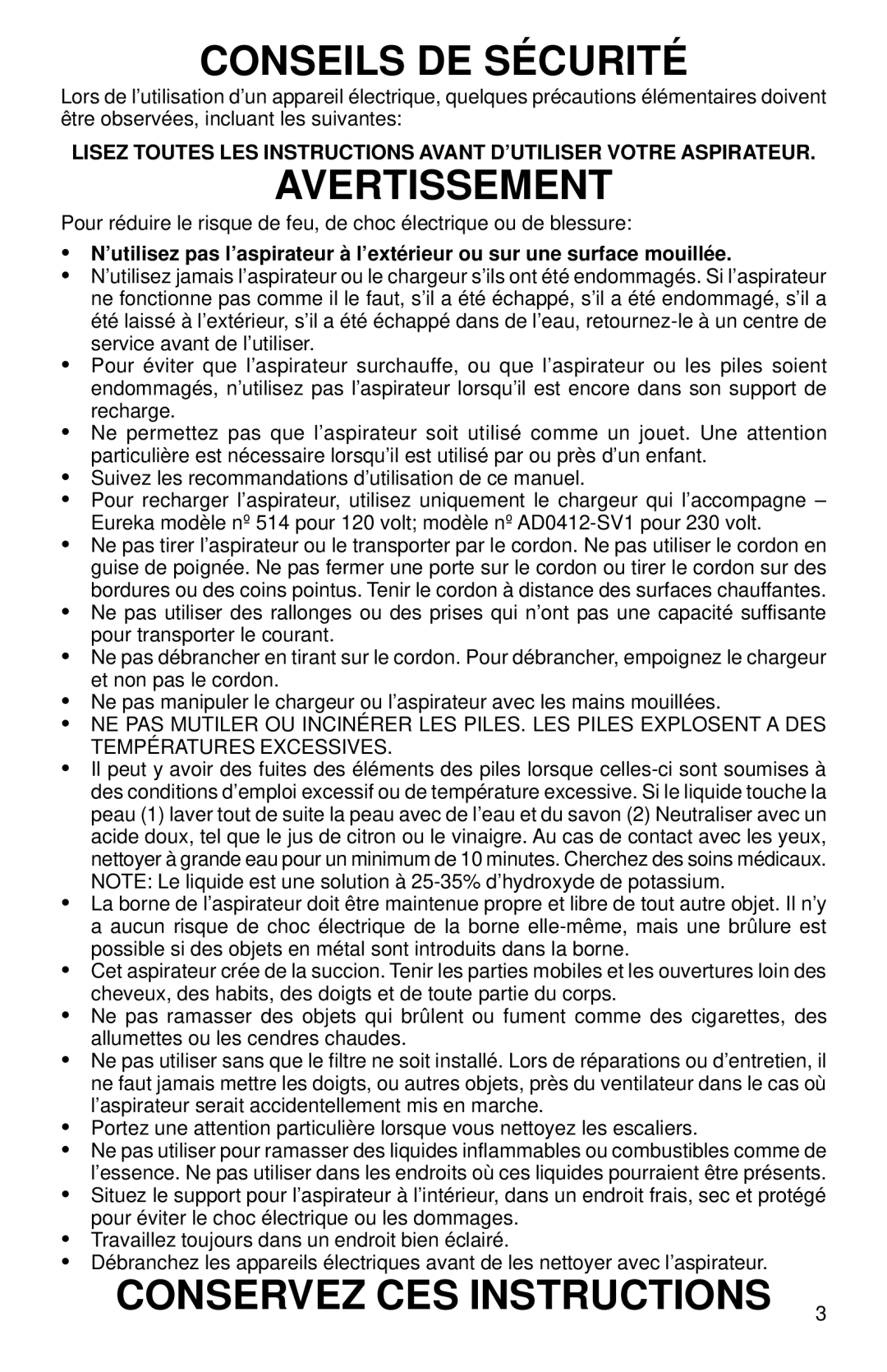 Eureka 78A warranty Conseils DE Sécurité, Avertissement, Conservez CES Instructions 