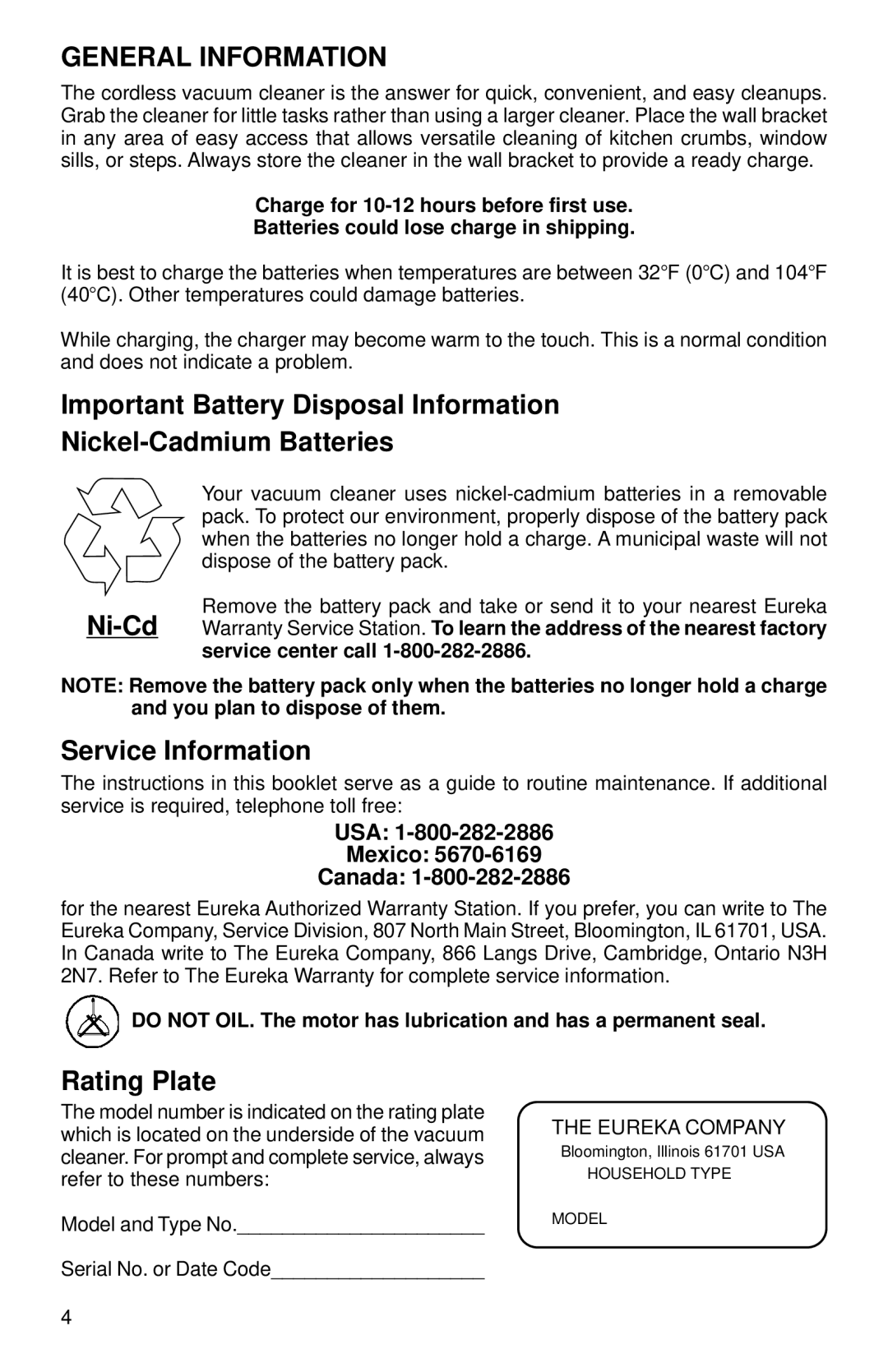 Eureka 78A warranty Service Information, Rating Plate 