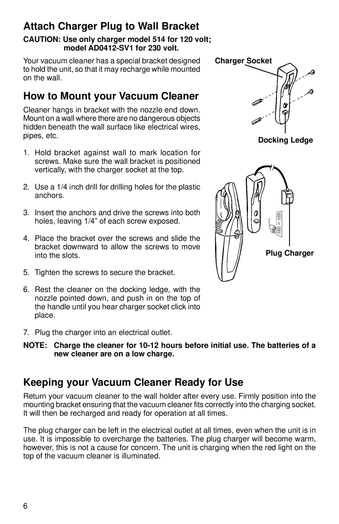 Eureka 78A warranty Attach Charger Plug to Wall Bracket, How to Mount your Vacuum Cleaner 