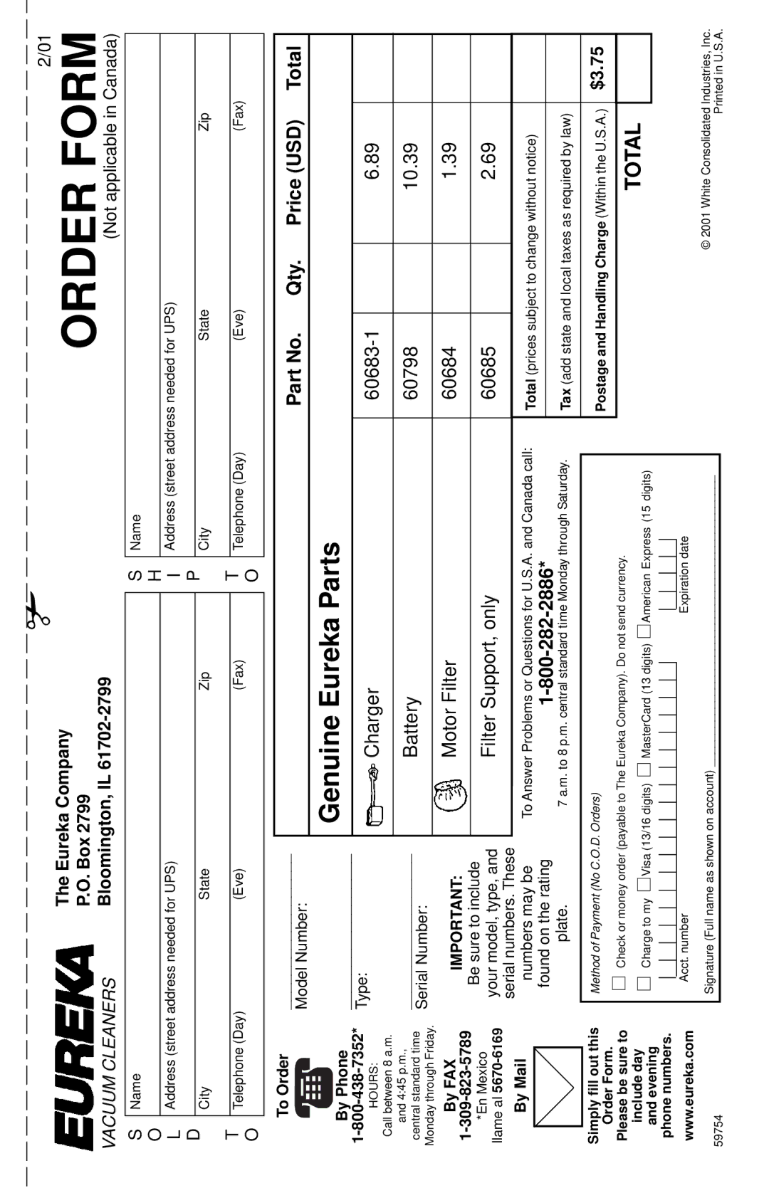 Eureka 78A warranty Order Form 