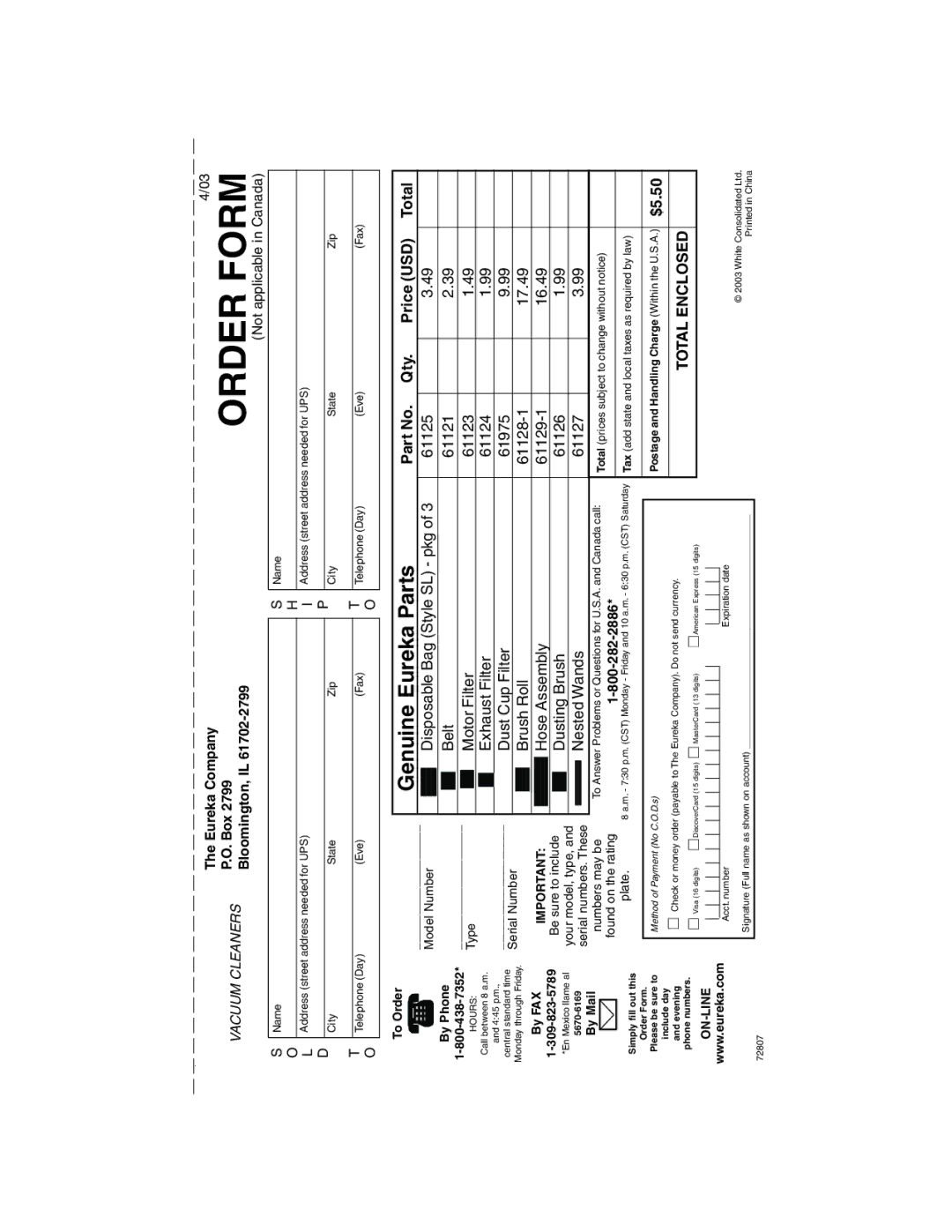 Eureka 790 warranty $5.50, Total Enclosed 