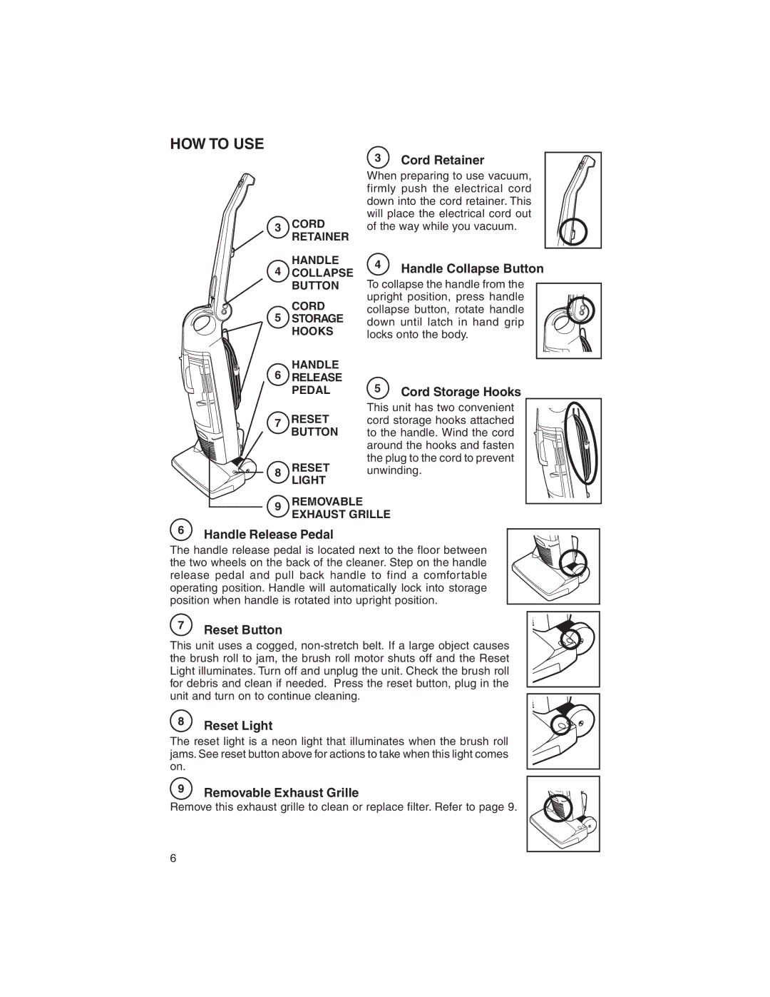 Eureka 790 Cord Retainer, Handle Collapse Button, Cord Storage Hooks, Reset Button, Reset Light, Removable Exhaust Grille 