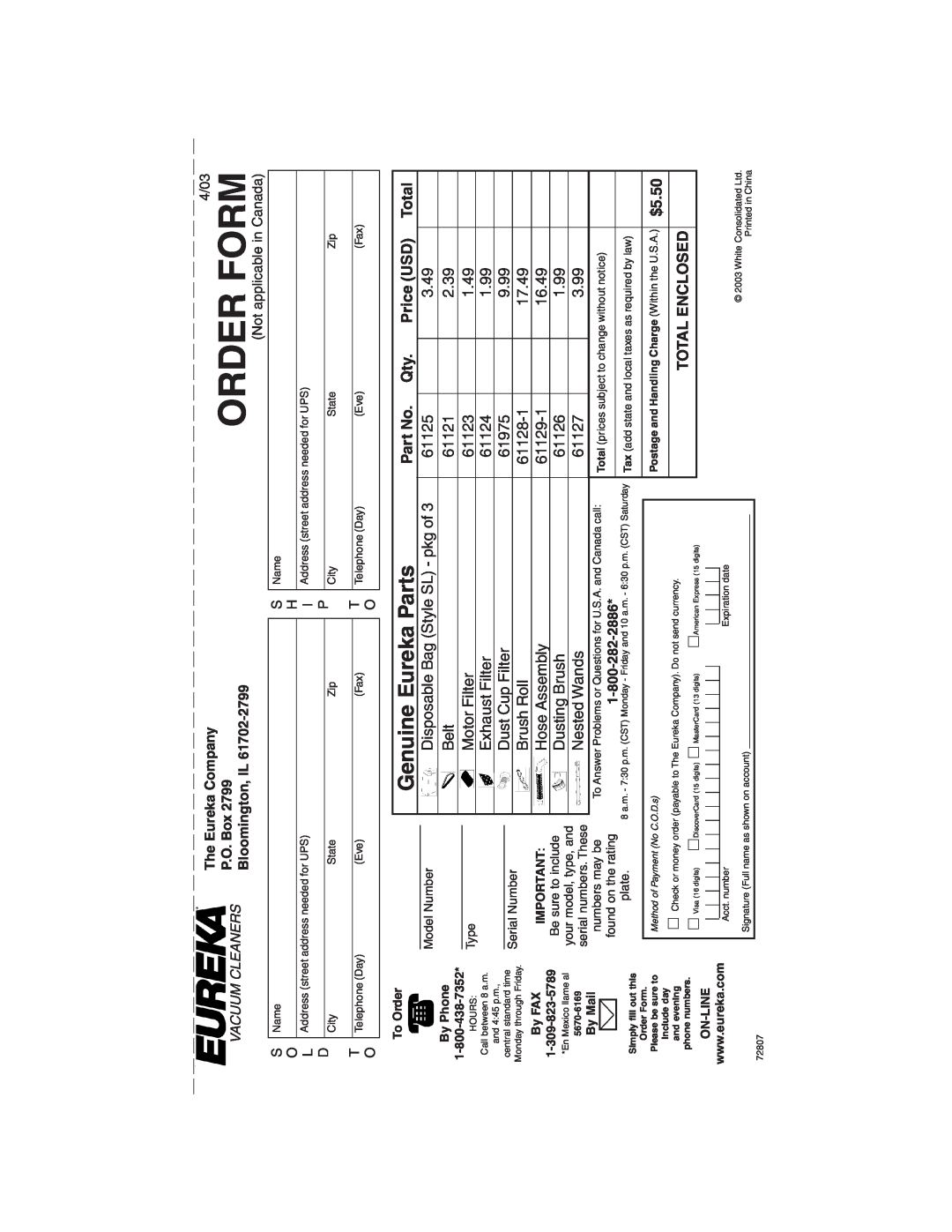 Eureka 790 warranty Order Form, $5.50, Total Enclosed, Eureka, Parts, Genuine 
