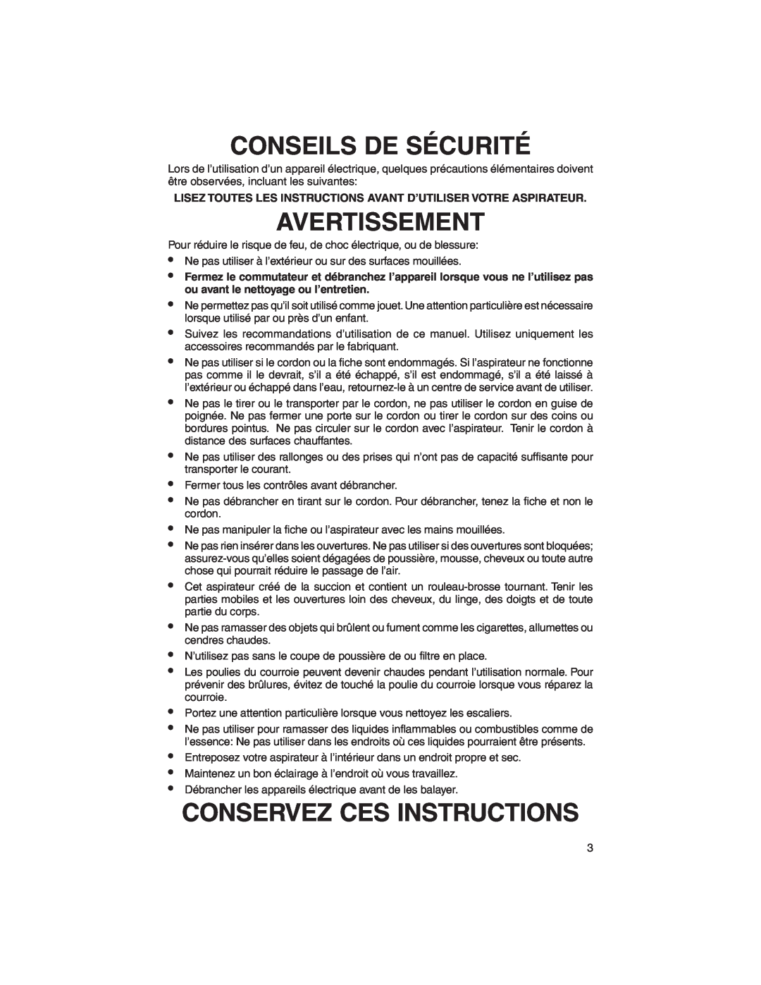 Eureka 790 warranty Conseils De Sécurité, Avertissement, Conservez Ces Instructions 