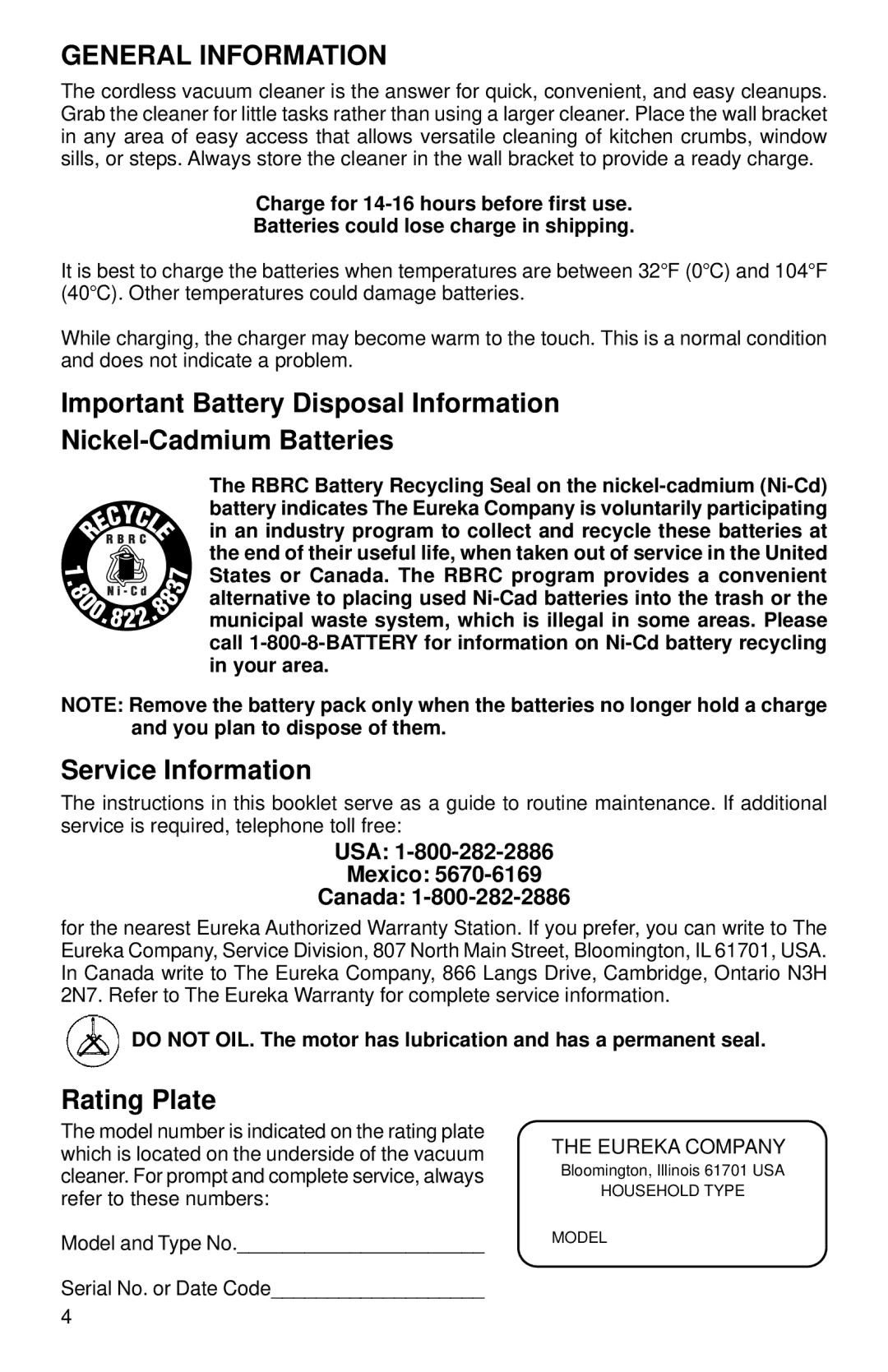 Eureka 79ADV warranty General Information, Service Information, Rating Plate 