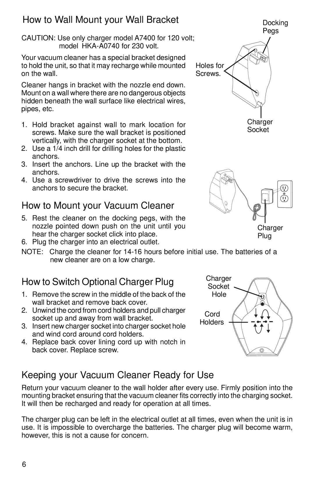Eureka 79ADV How to Wall Mount your Wall Bracket, How to Mount your Vacuum Cleaner, How to Switch Optional Charger Plug 