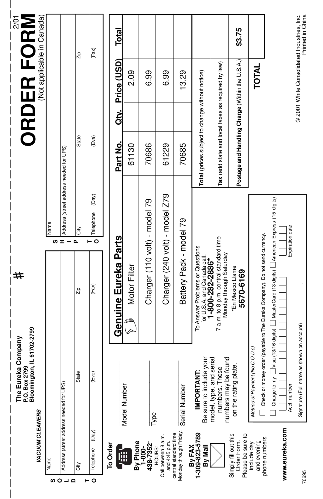 Eureka 79ADV warranty Order Form 