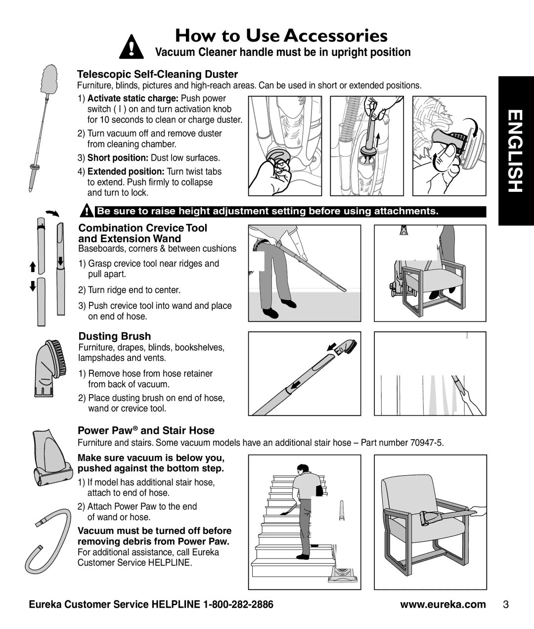 Eureka 8800-8849 Series How to Use Accessories, Telescopic Self-Cleaning Duster, Combination Crevice Tool Extension Wand 