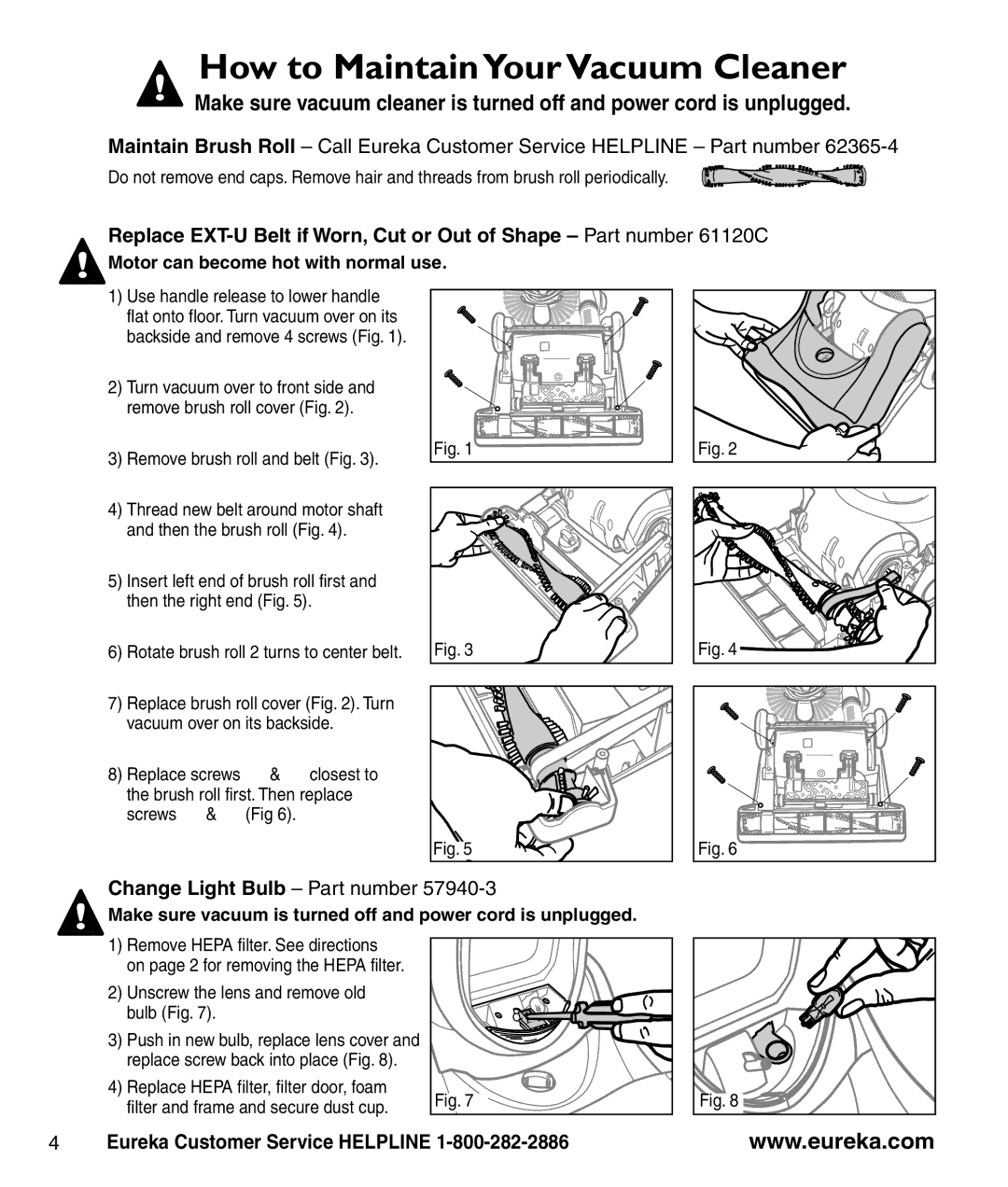 Eureka 8800-8849 Series manual How to Maintain YourVacuum Cleaner, Change Light Bulb Part number 