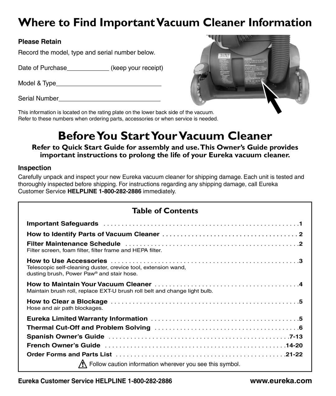 Eureka 8800-8849 Series Where to Find Important Vacuum Cleaner Information, BeforeYou Start Your VacuumCleaner, Inspection 