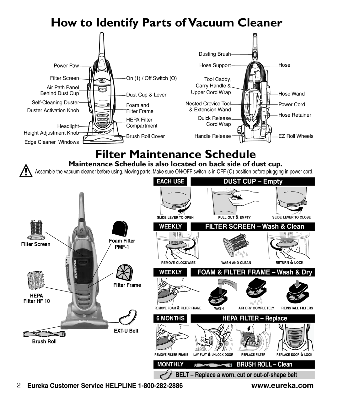 Eureka 8800-8849 Series How to Identify Parts of Vacuum Cleaner, Filter Maintenance Schedule, Each Use, DUST CUP - Empty 