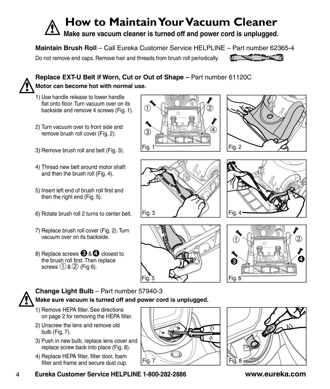 Eureka 8800-8849 Series manual How to Maintain YourVacuum Cleaner, Change Light Bulb - Part number 