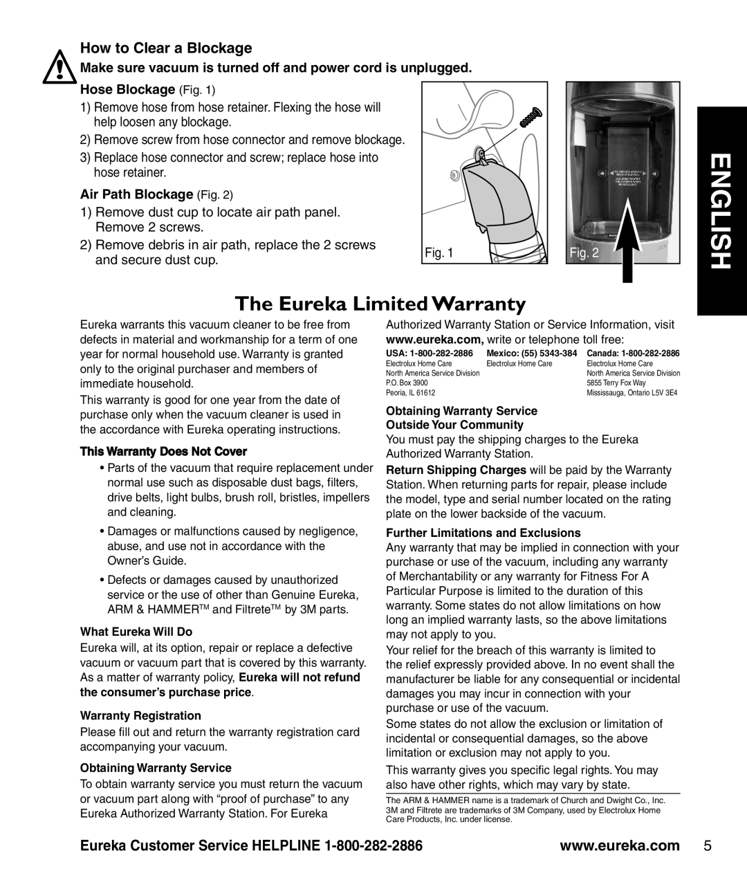 Eureka 8800-8849 Series How to Clear a Blockage, Hose Blockage Fig, Air Path Blockage Fig, This Warranty Does Not Cover 