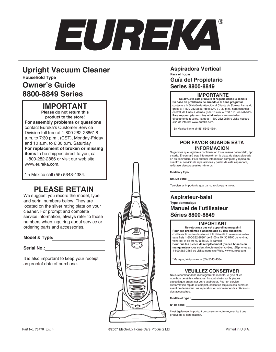 Eureka 8800-8849 manual Please Retain 