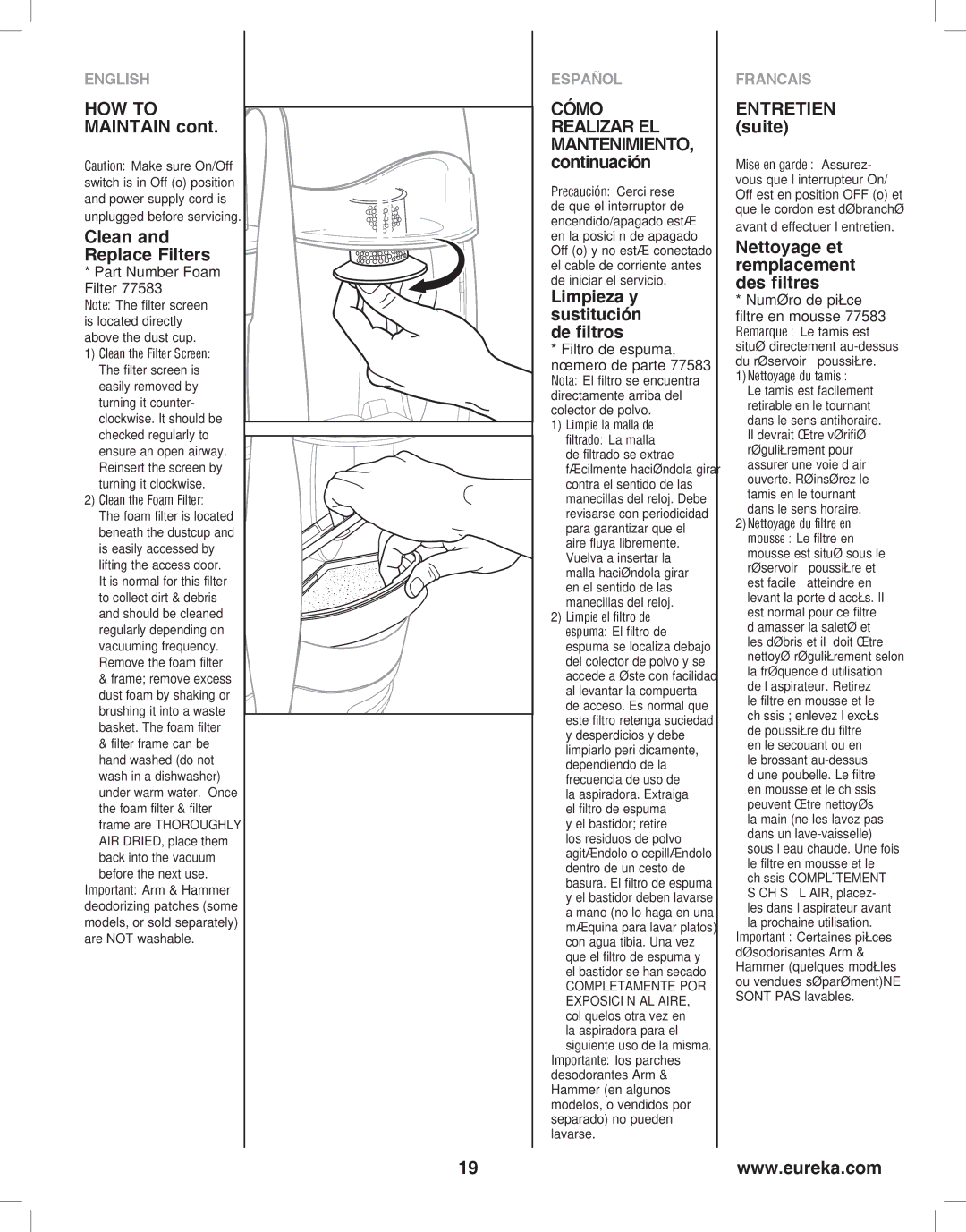 Eureka 8800-8849 manual HOW to Maintain, Clean and Replace Filters, Limpieza y sustitución de filtros, Entretien suite 