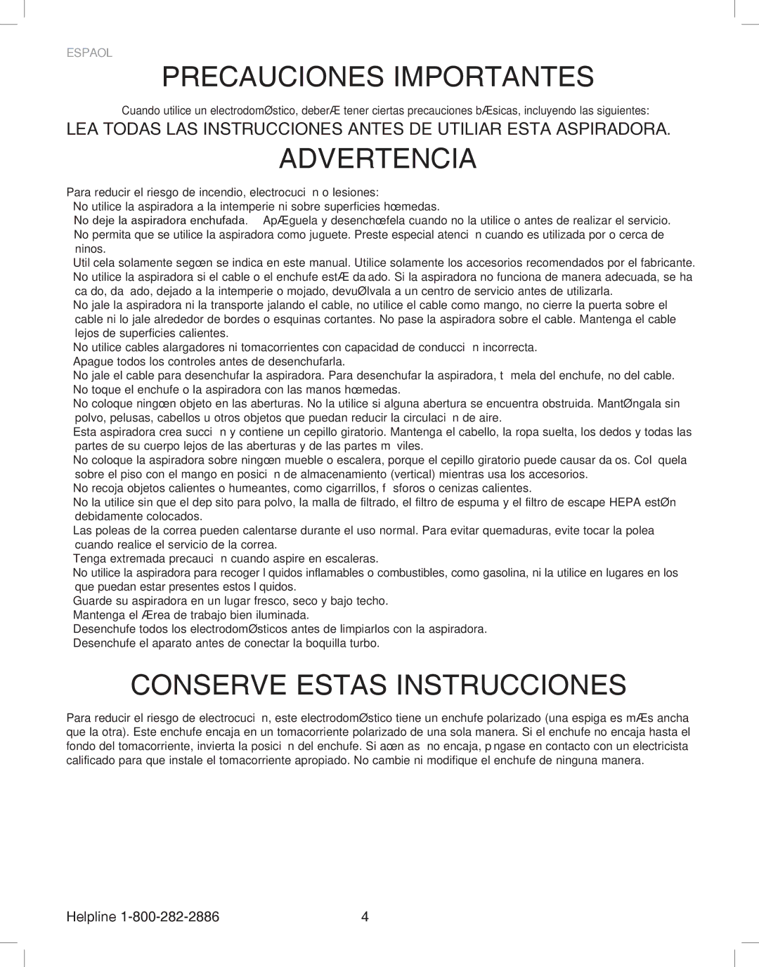 Eureka 8800-8849 manual Precauciones Importantes 