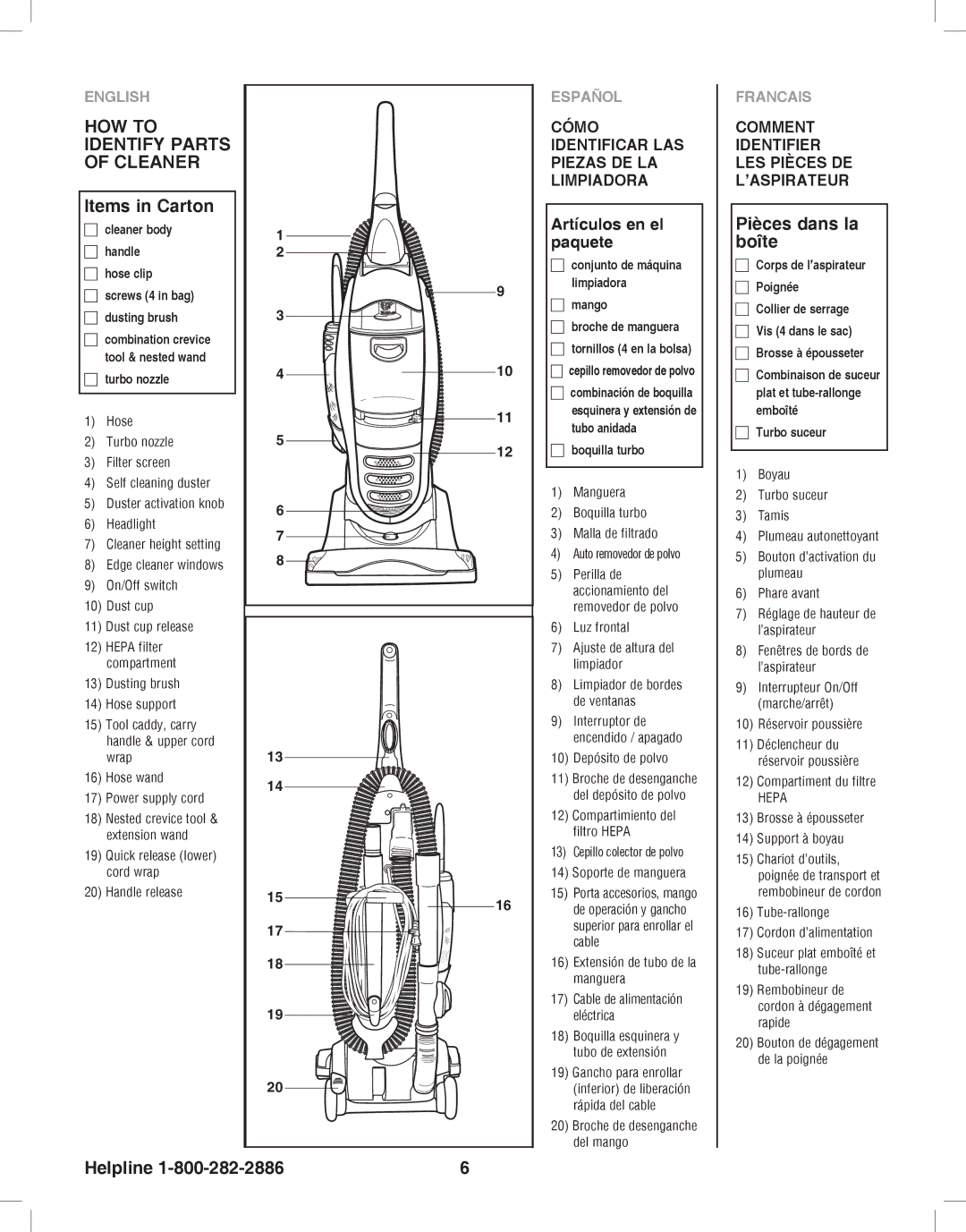 Eureka 8800-8849 manual HOW to Identify Parts of Cleaner, Items in Carton, Pièces dans la boîte 