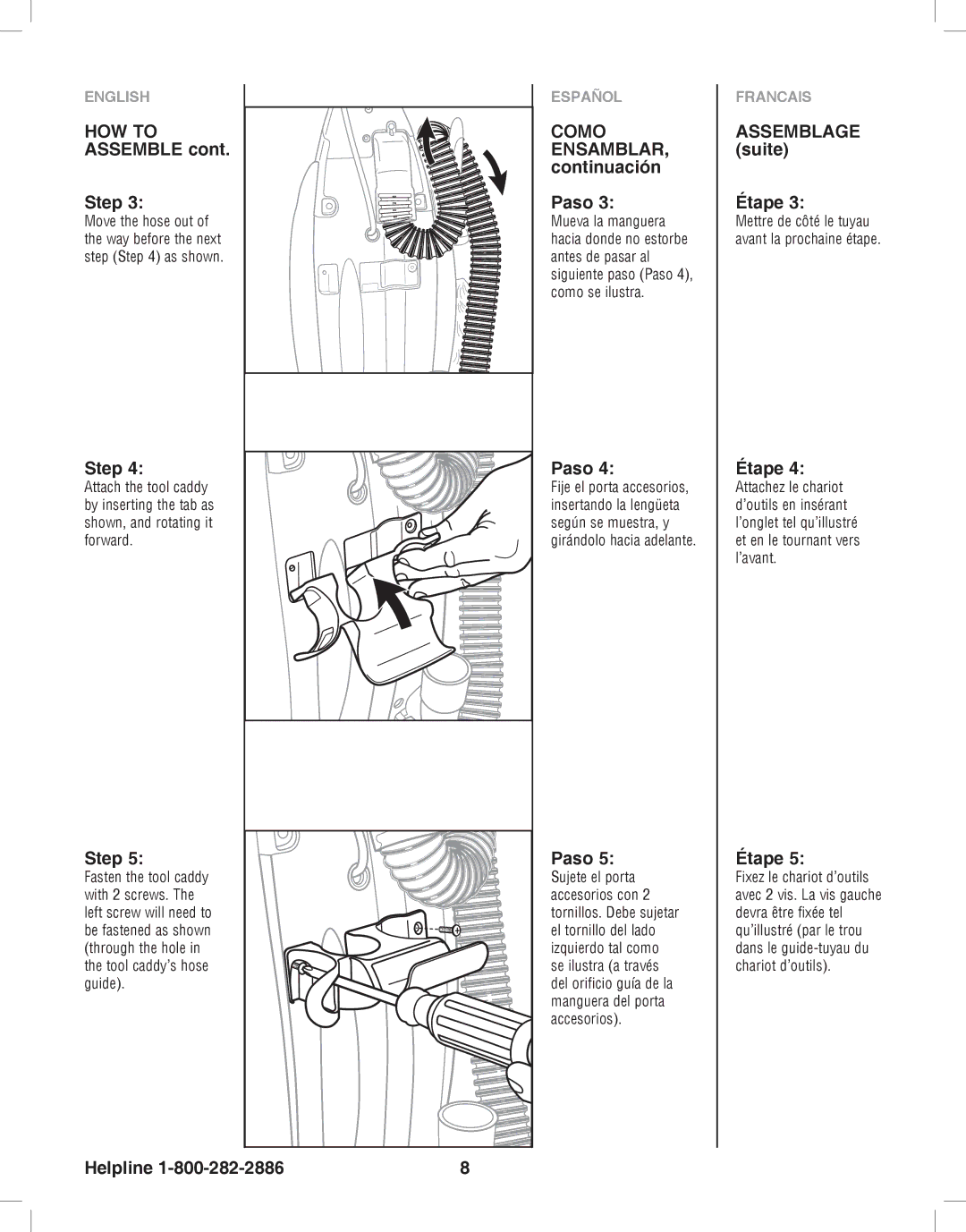 Eureka 8800-8849 manual HOW to Assemble Step, Como ENSAMBLAR, continuación Paso, Assemblage suite Étape 