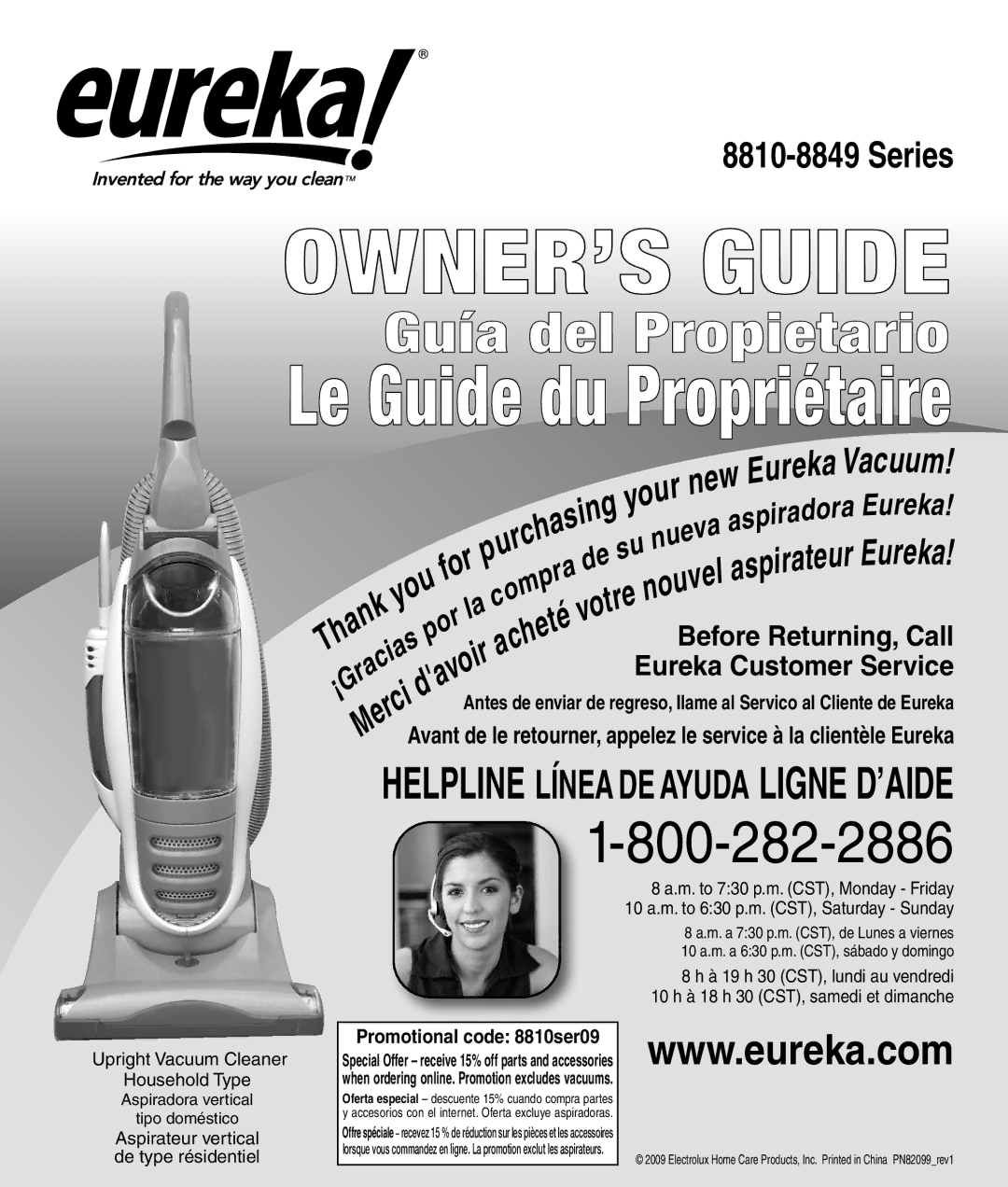 Eureka 8810-8849 SERIES manual OWNER’S Guide, Promotional code 8810ser09 