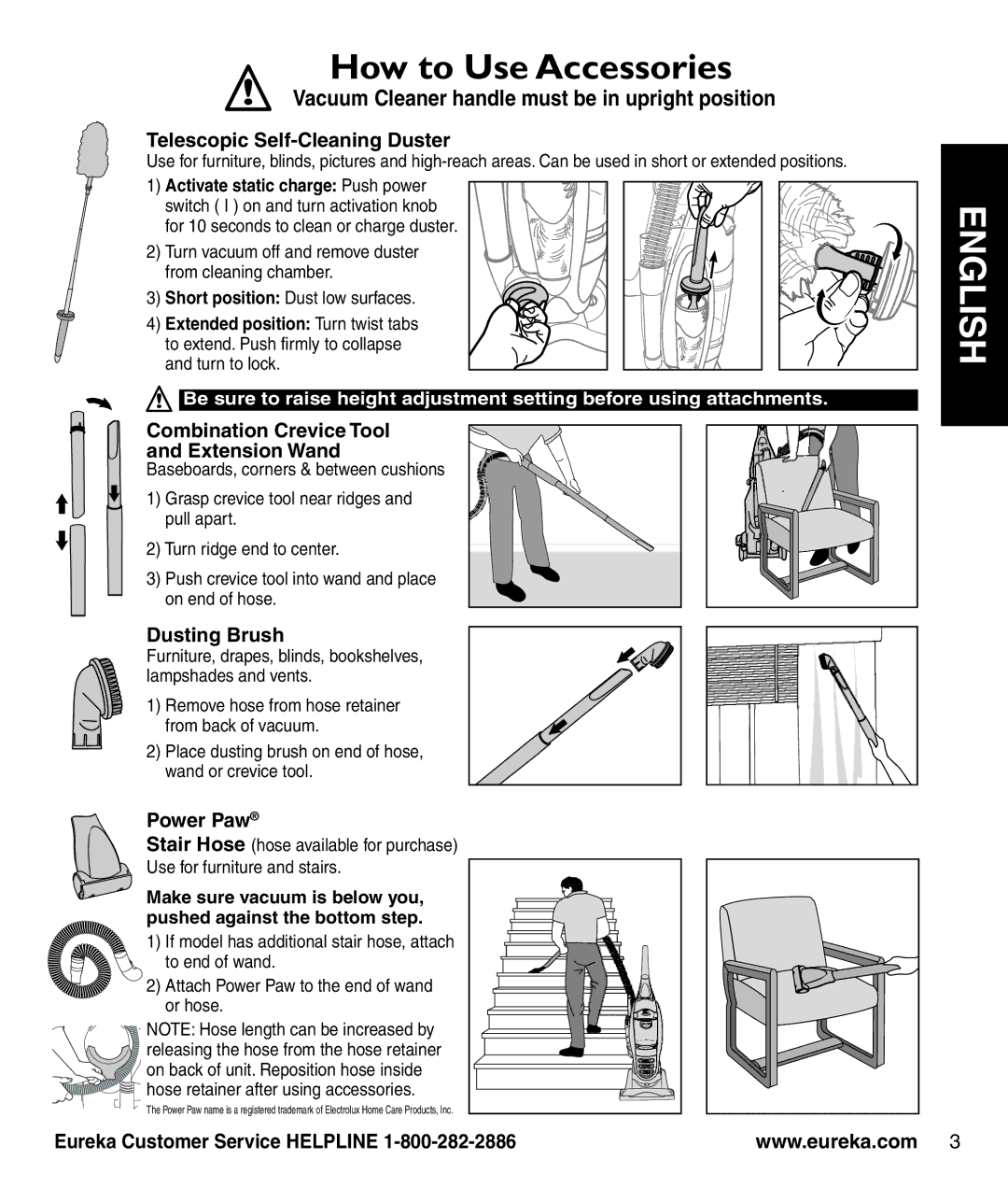 Eureka 8810-8849 SERIES How to Use Accessories, Telescopic Self-Cleaning Duster, Combination Crevice Tool Extension Wand 