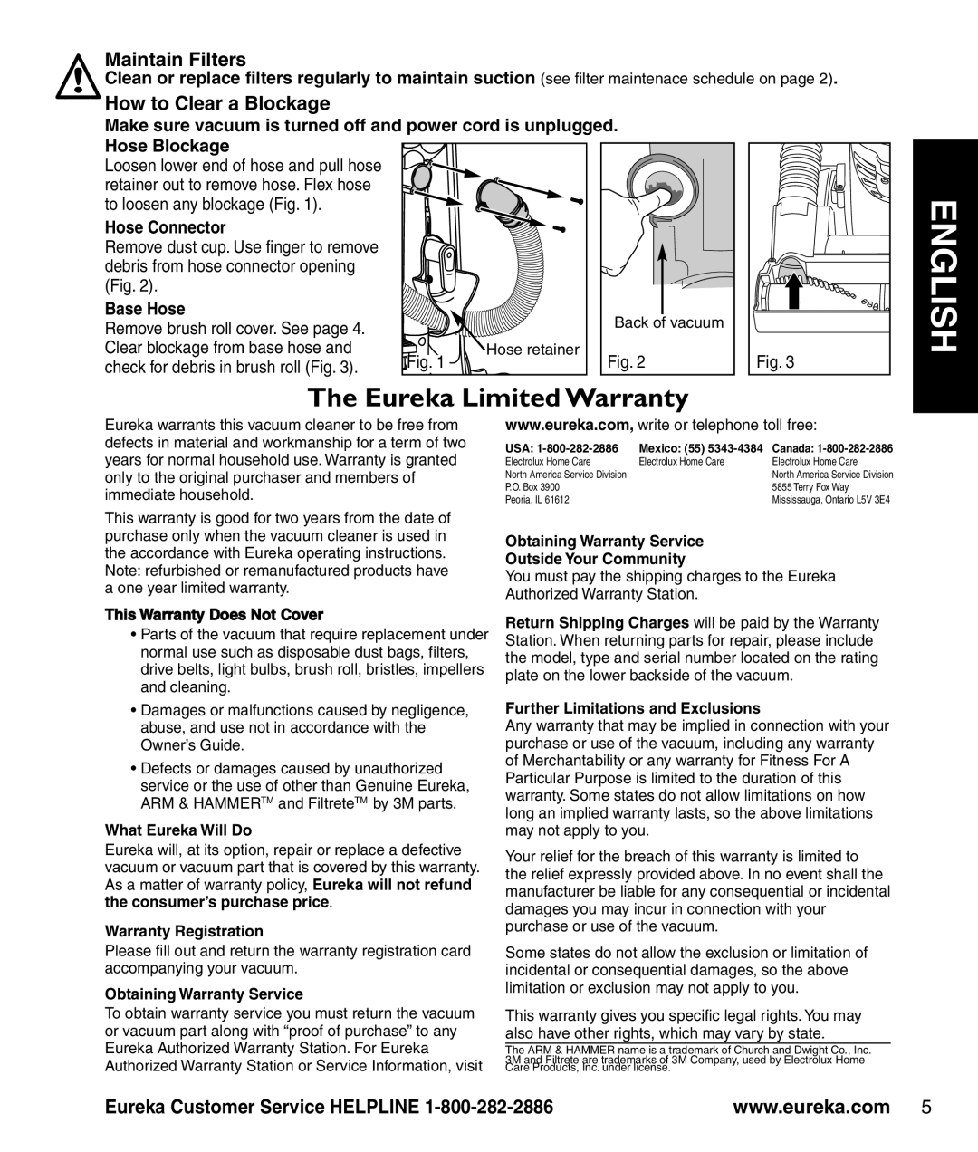 Eureka 8810-8849 SERIES manual Maintain Filters, How to Clear a Blockage, Hose Blockage, Hose Connector, Base Hose 