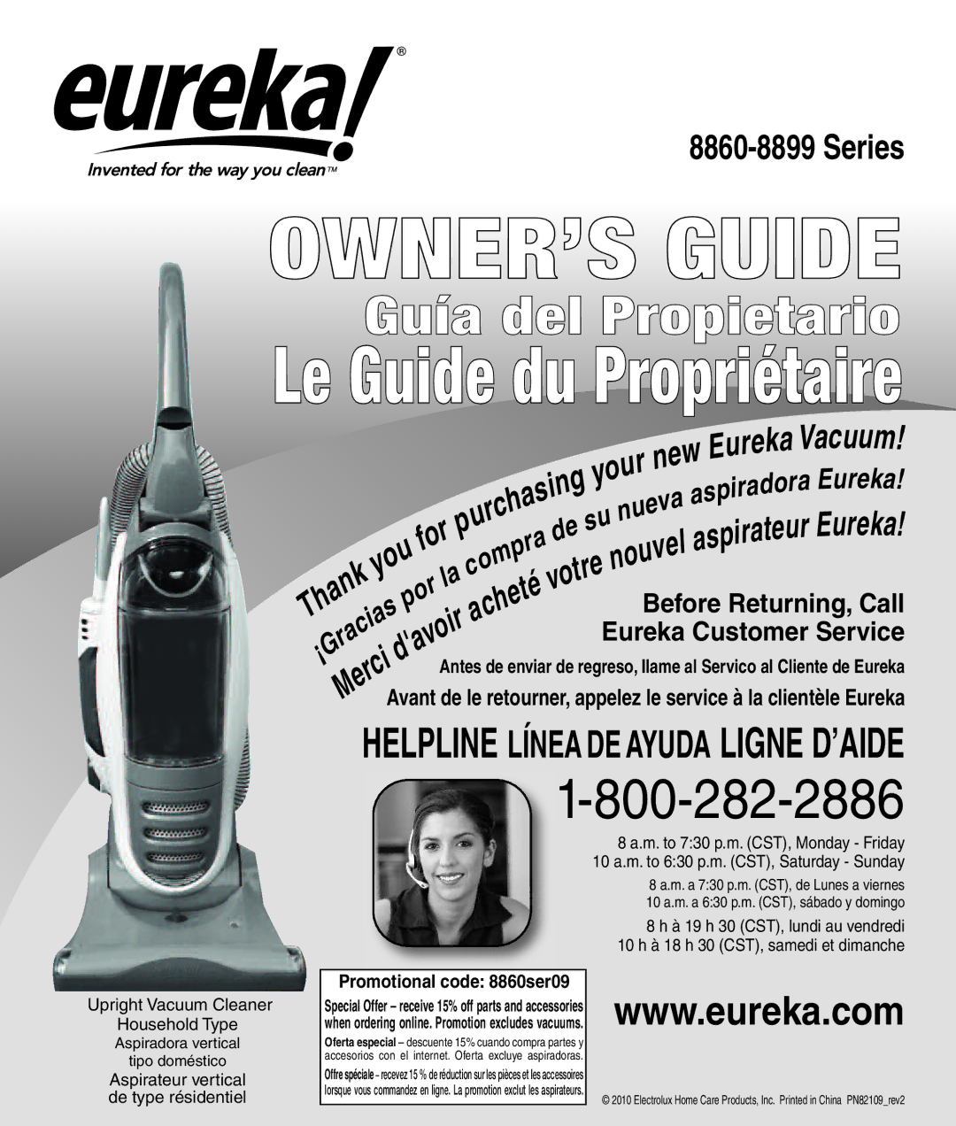 Eureka 8860-8899 manual OWNER’S Guide, Promotional code 8860ser09 