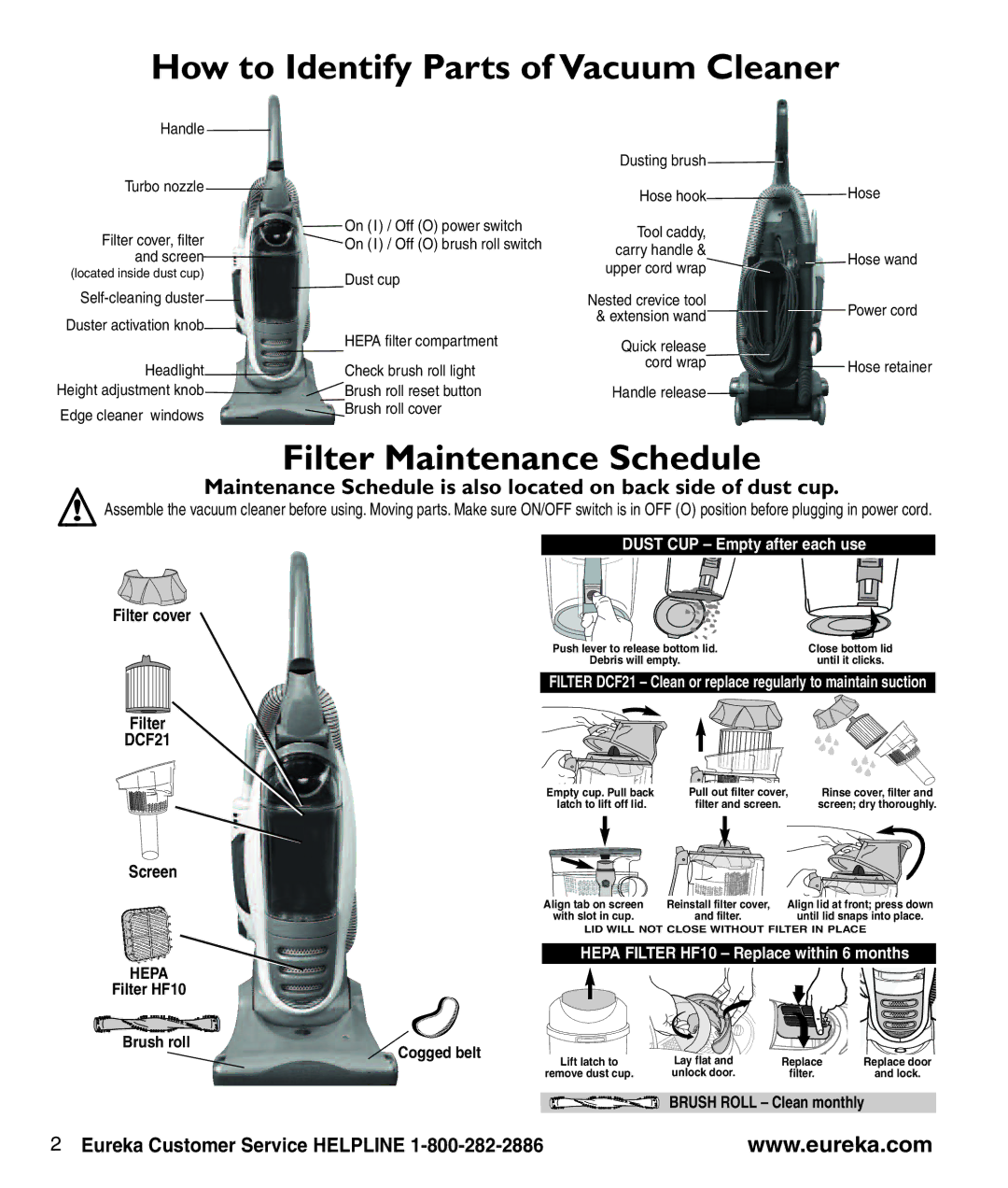 Eureka 8860-8899 manual How to Identify Parts of Vacuum Cleaner, Filter Maintenance Schedule 