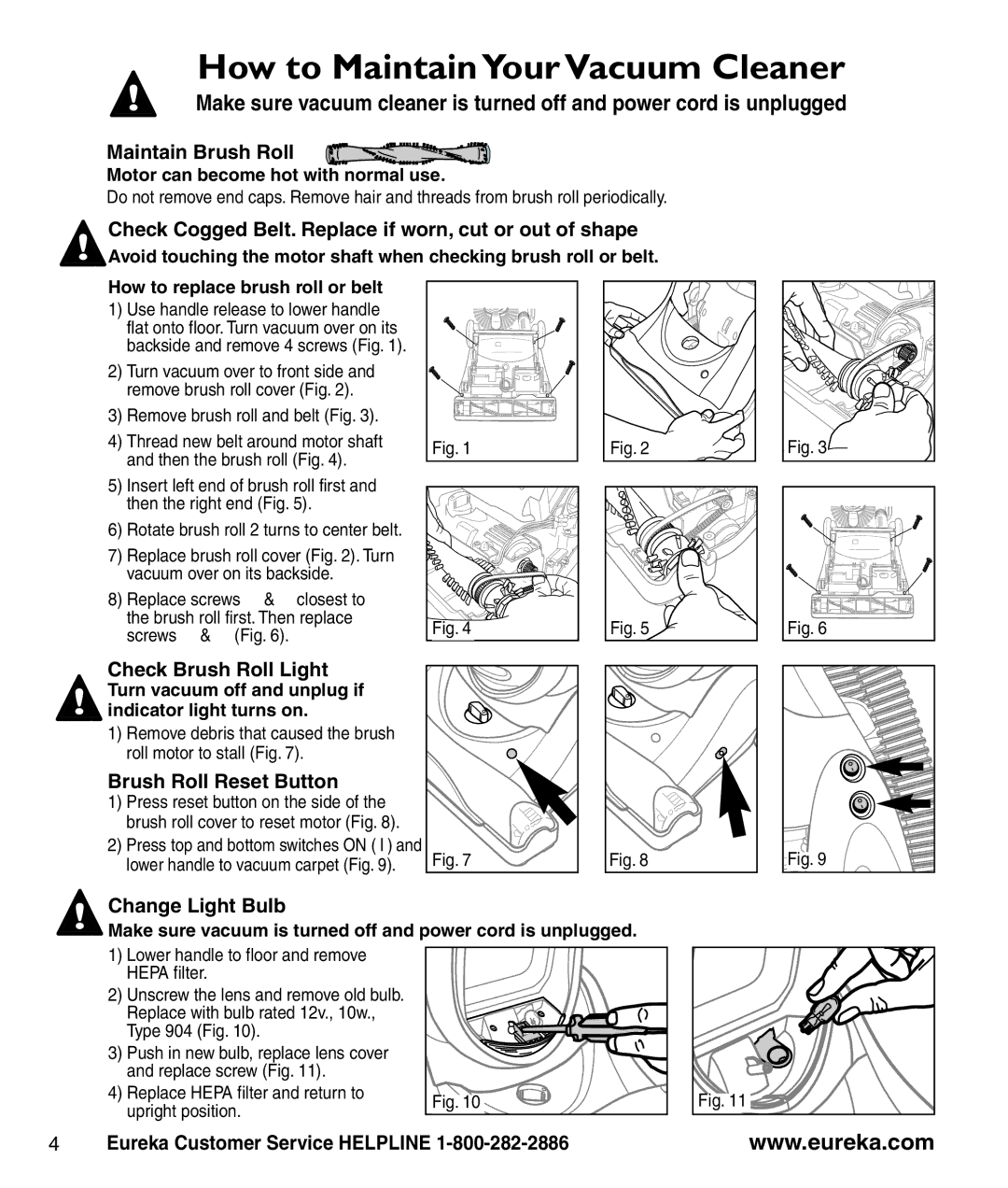 Eureka 8860-8899 How to Maintain YourVacuum Cleaner, Maintain Brush Roll, Check Brush Roll Light, Brush Roll Reset Button 