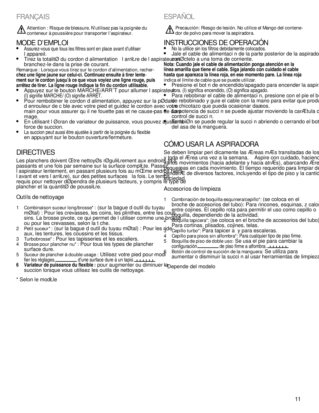 Eureka 910 manual Mode D’EMPLOI, Directives, Instrucciones DE Operación, Cómo Usar LA Aspiradora 