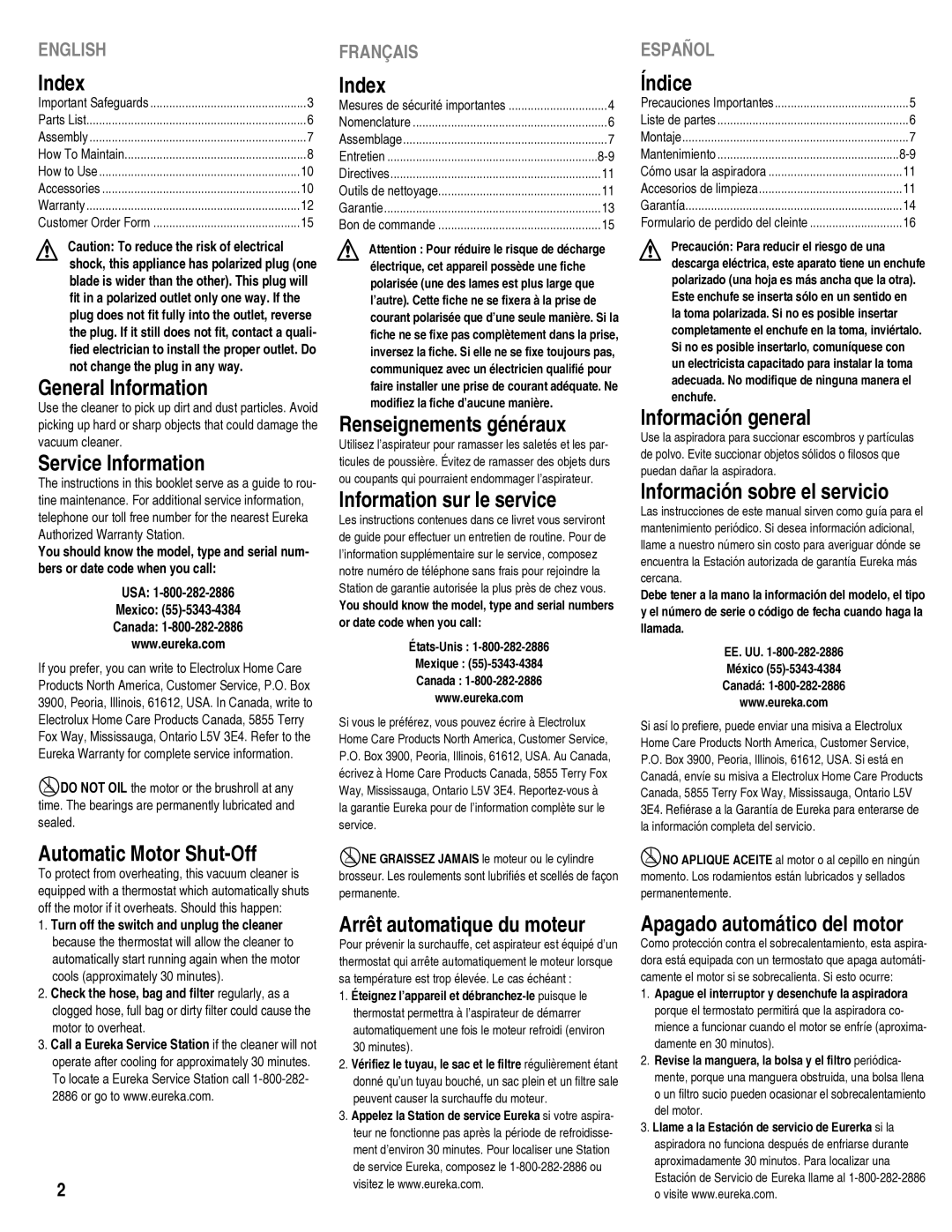 Eureka 910 manual Index 