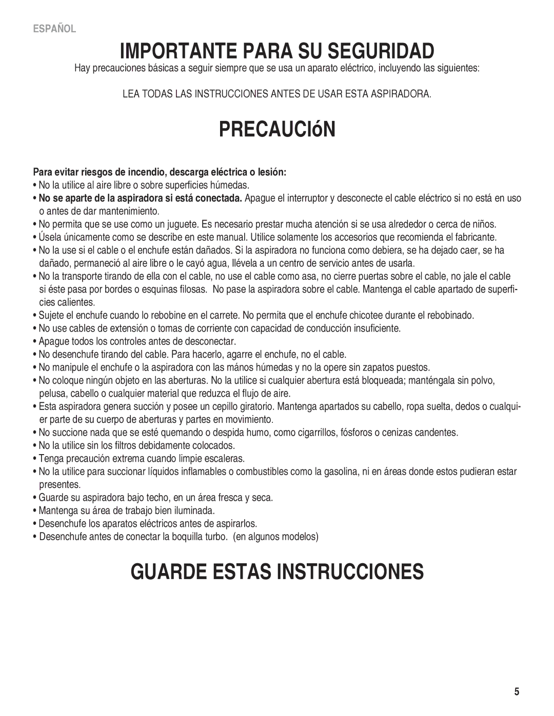 Eureka 910 manual Importante Para SU Seguridad 