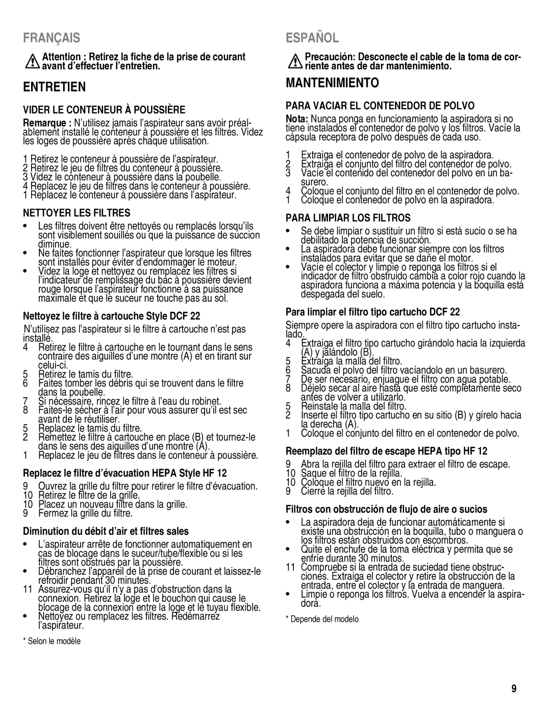 Eureka 910 manual Entretien, Mantenimiento 