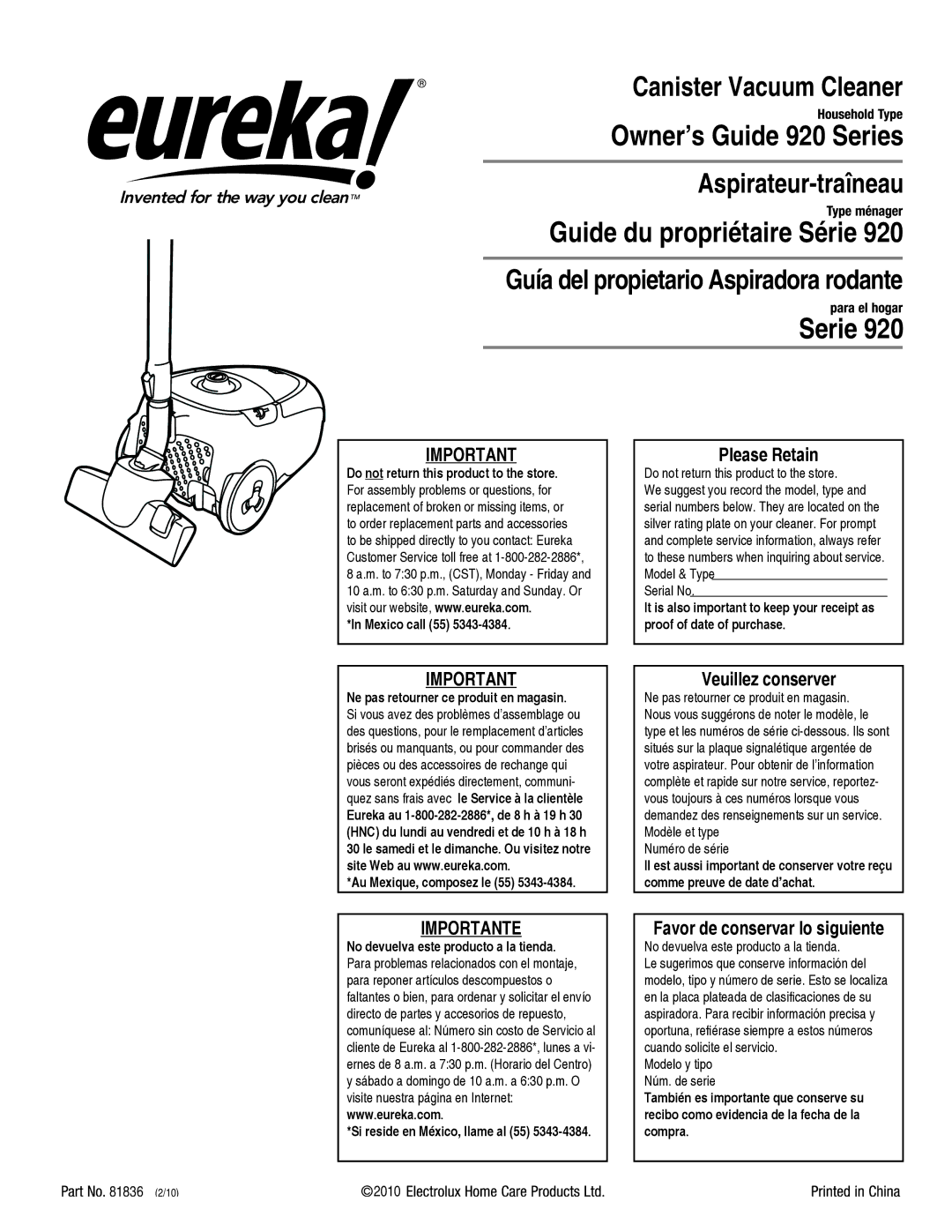 Eureka 920 manual Please Retain, Importante, Veuillez conserver, Favor de conservar lo siguiente 