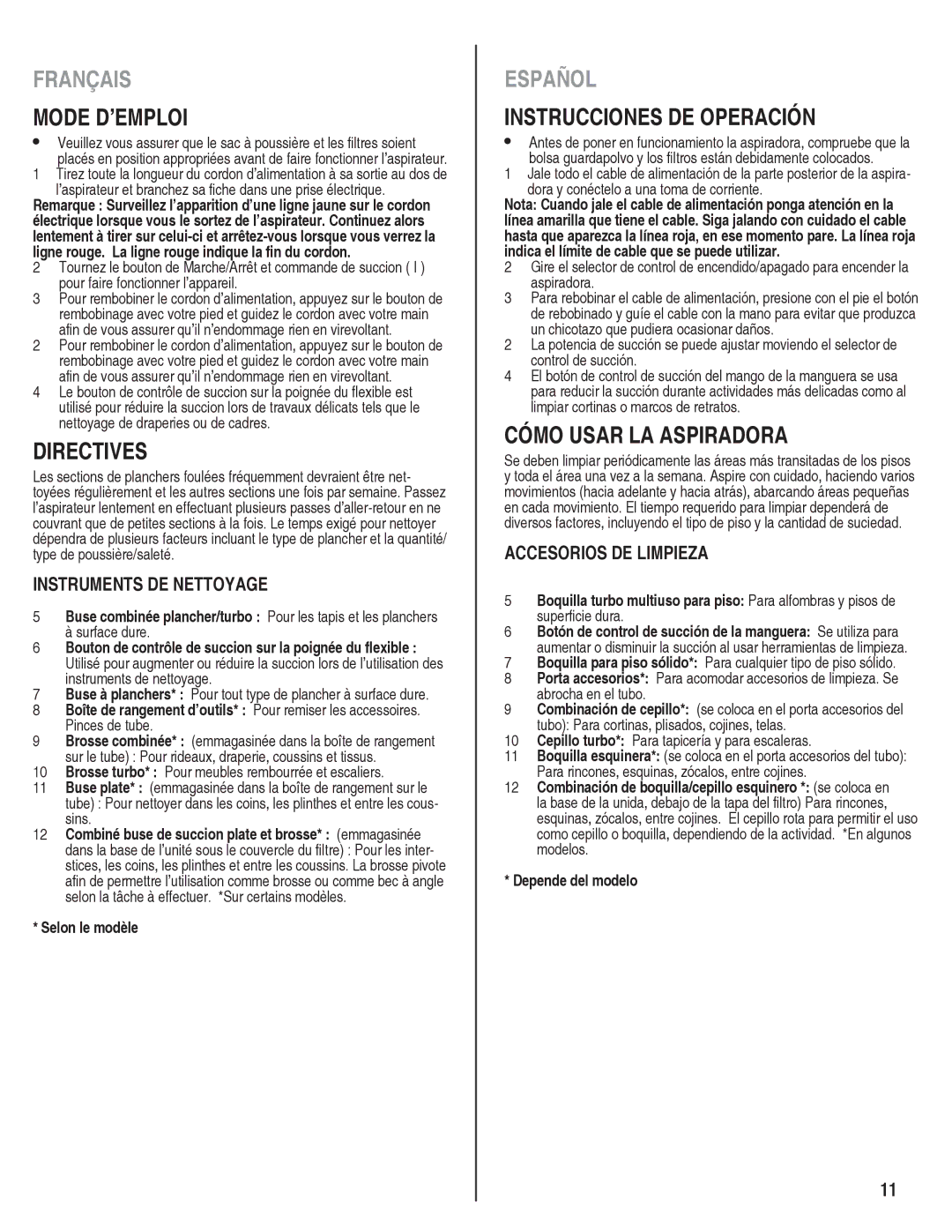 Eureka 920 manual Mode D’EMPLOI, Directives, Instrucciones DE Operación, Cómo Usar LA Aspiradora 