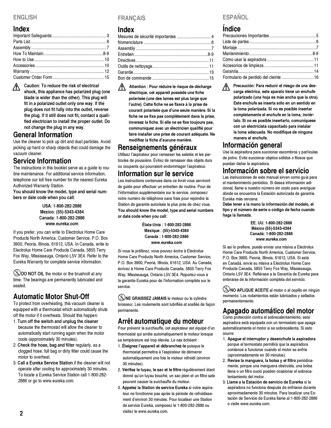 Eureka 920 manual Index 