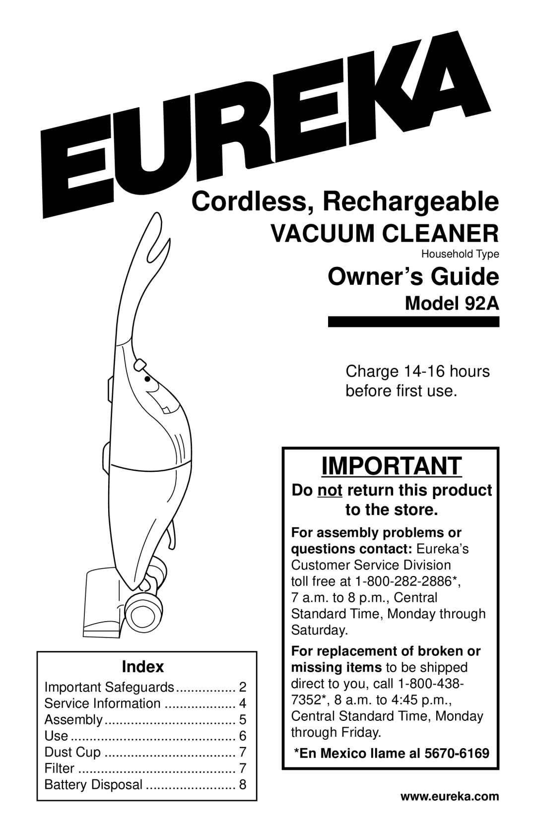 Eureka 92A manual Vacuum Cleaner, Index, Do not return this product To the store 