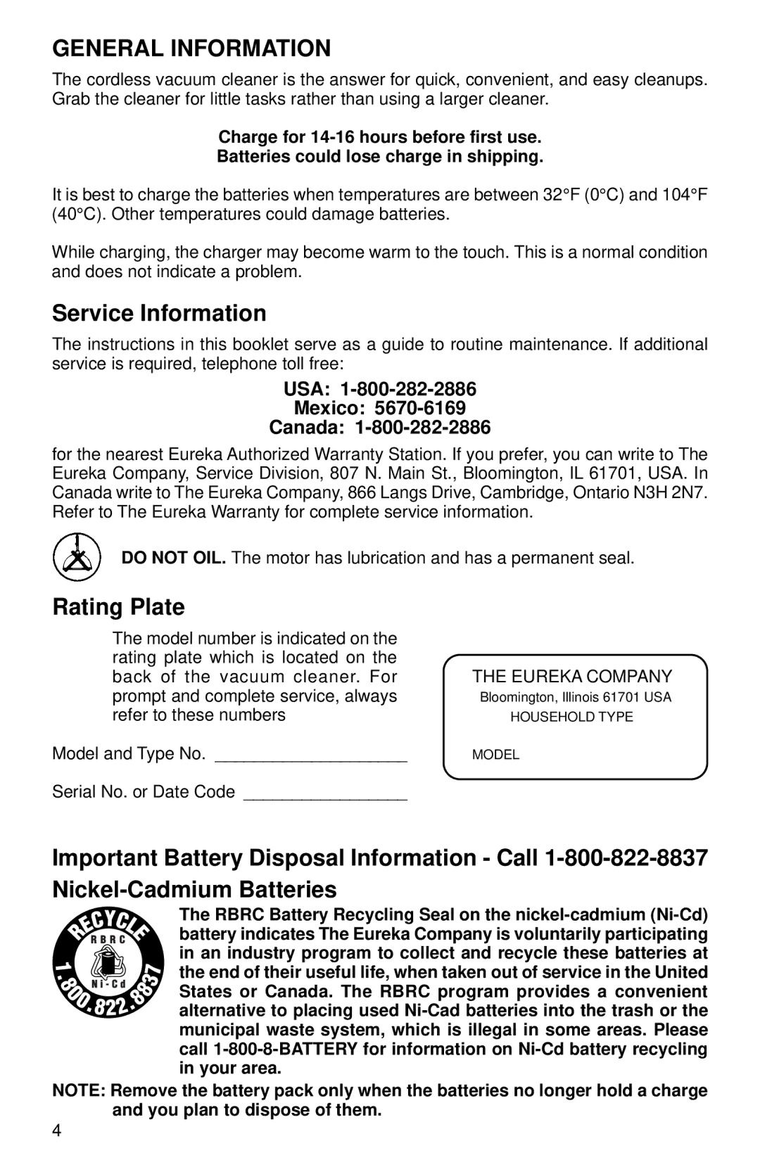 Eureka 92A manual General Information, Service Information, Rating Plate 