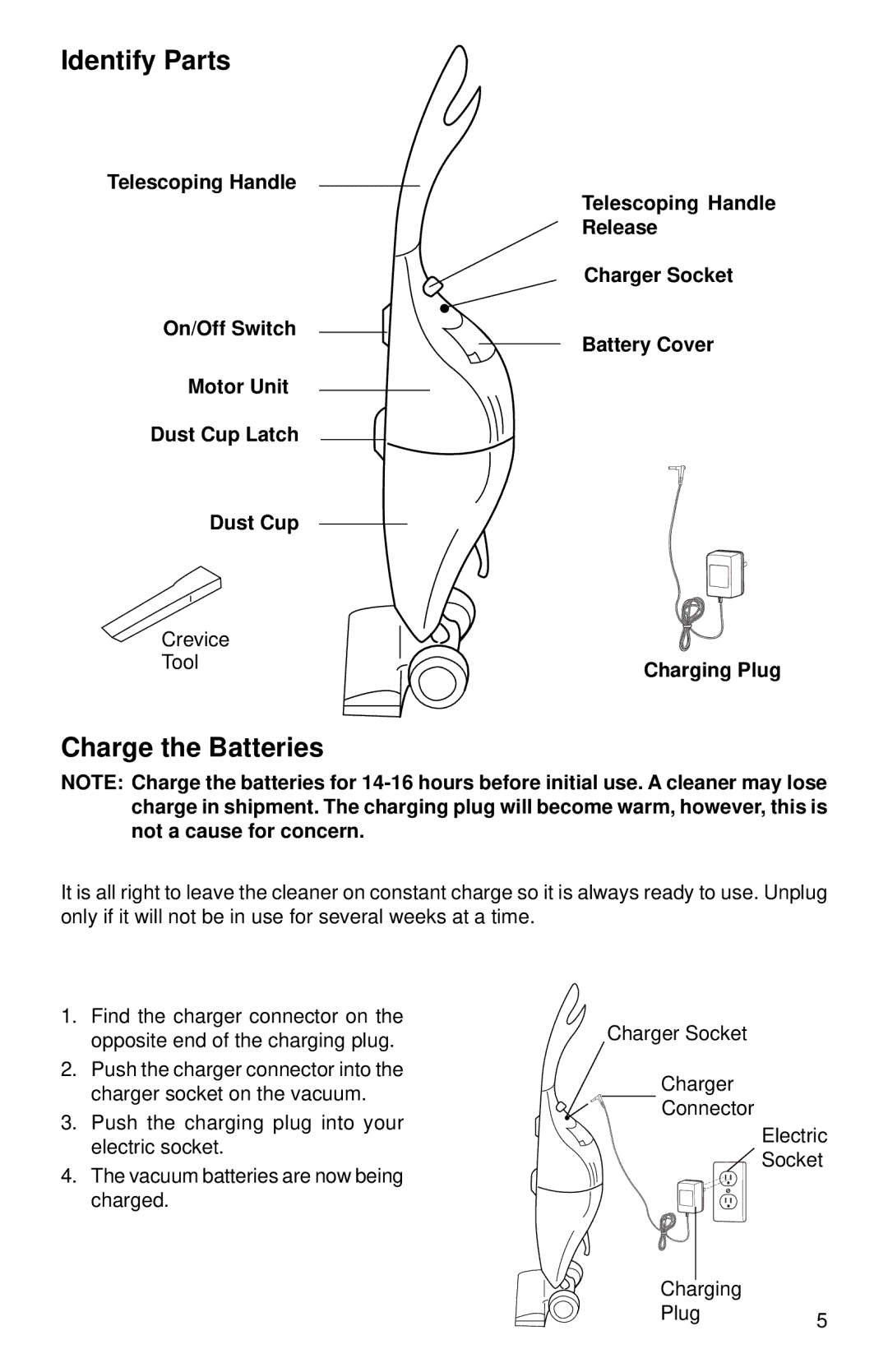 Eureka 92A manual Identify Parts, Charge the Batteries, Charging Plug 