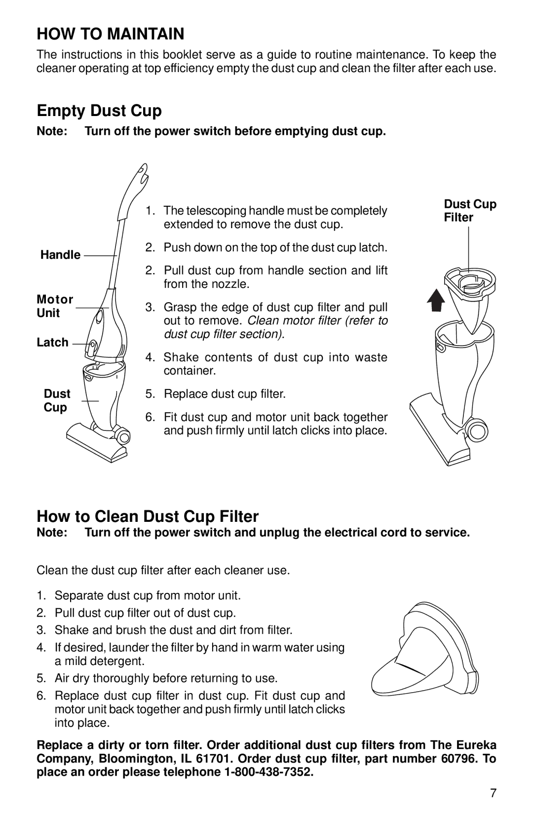 Eureka 92A manual HOW to Maintain, Empty Dust Cup, How to Clean Dust Cup Filter, Handle Motor Unit Latch Dust Cup 