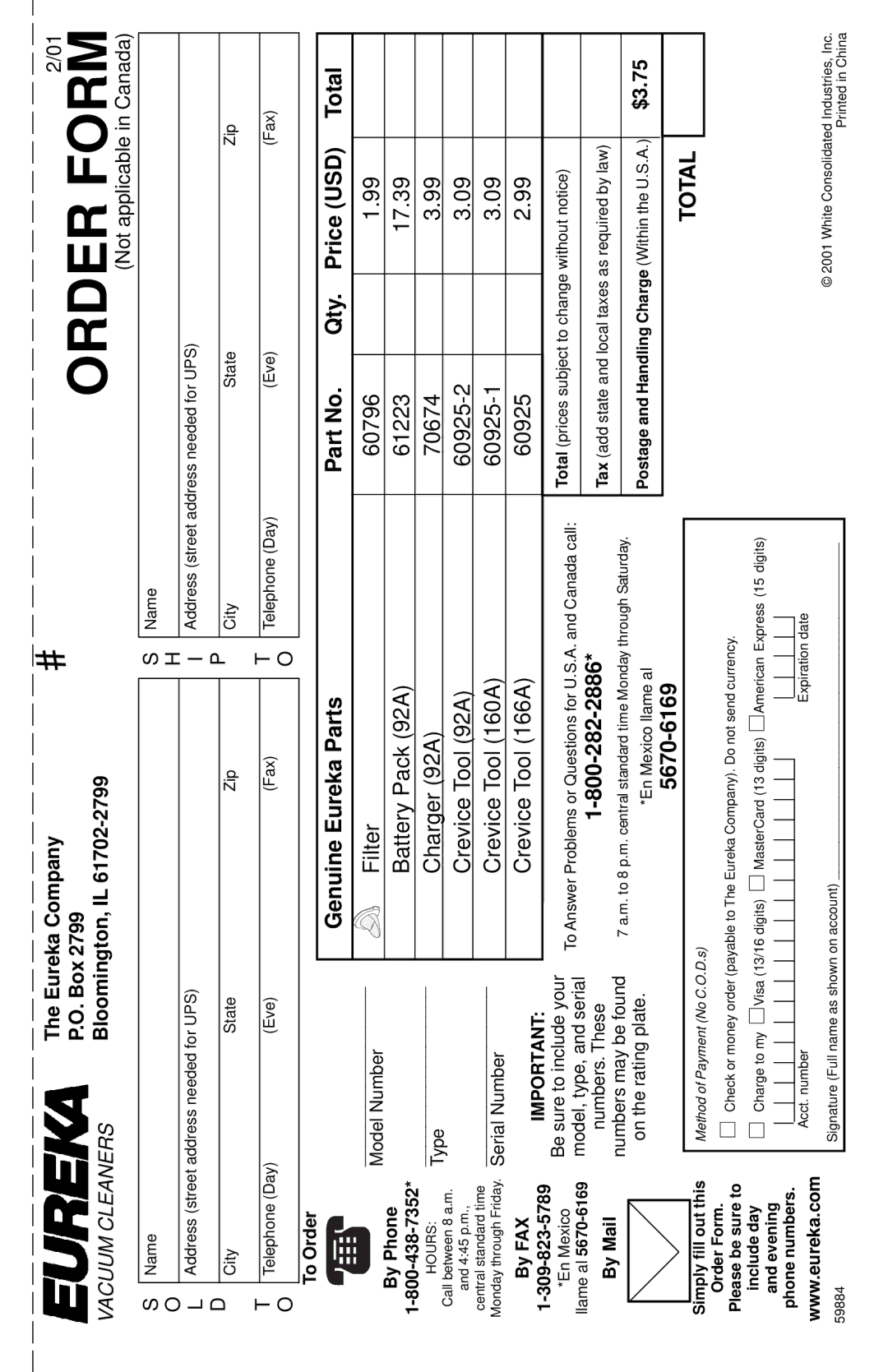 Eureka 92A manual Eureka Company Box, Bloomington, IL, Not applicable in Canada, $3.75 