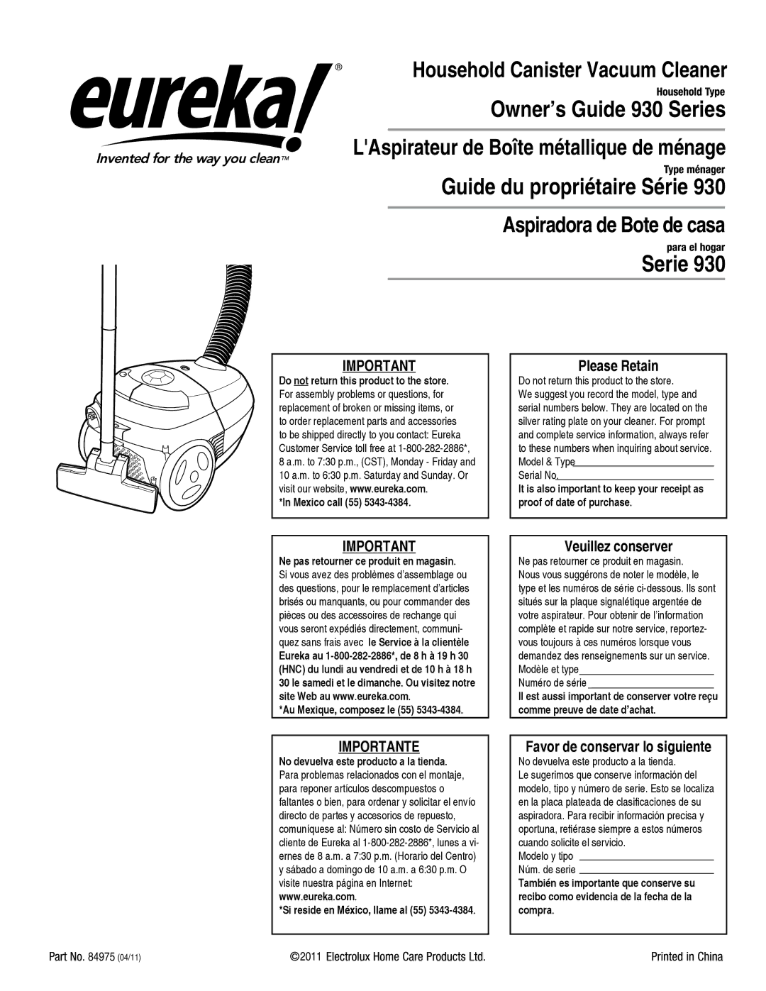 Eureka 930 manual Please Retain, Veuillez conserver, Importante, Favor de conservar lo siguiente 