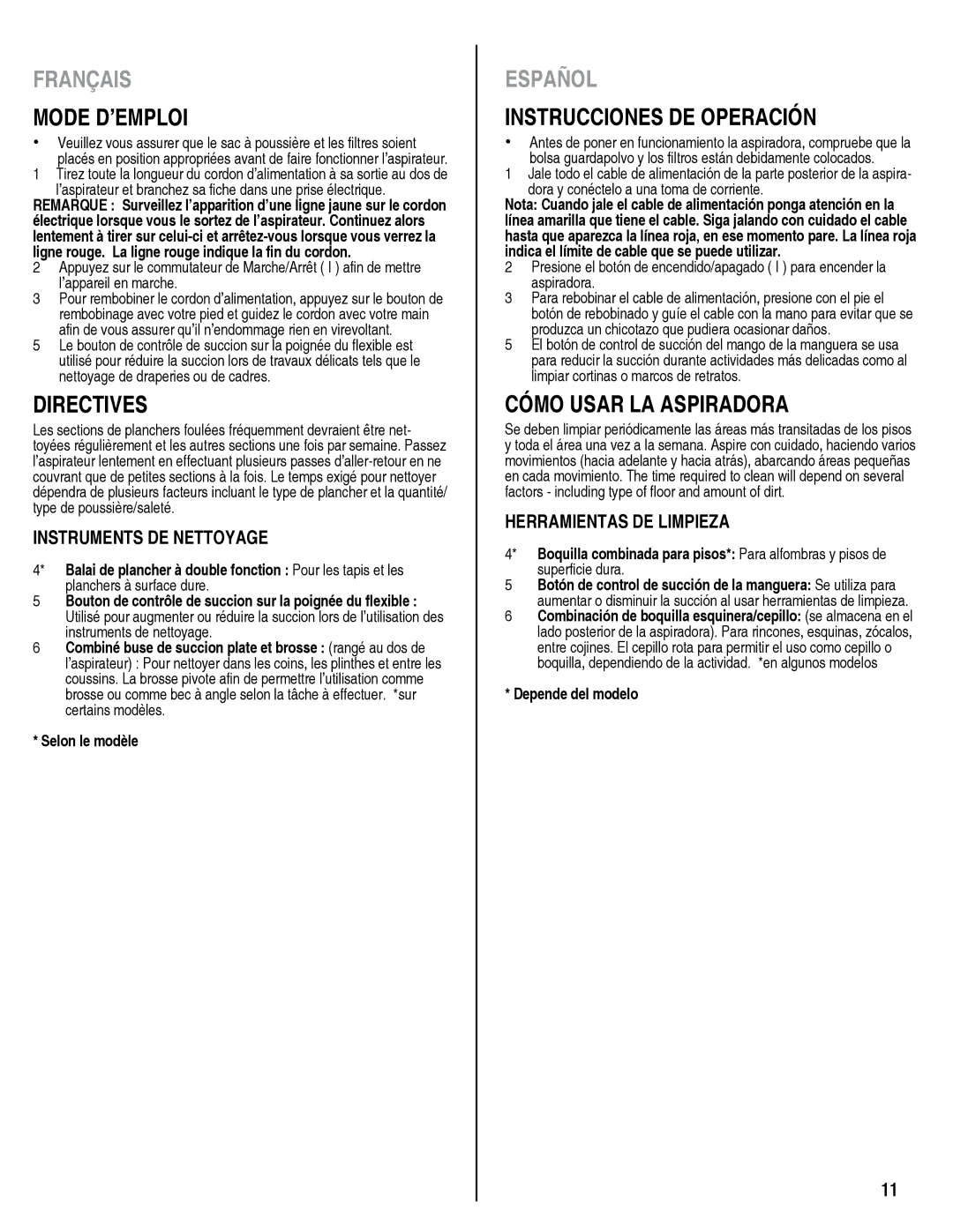 Eureka 930 manual Mode D’EMPLOI, Directives, Instrucciones DE Operación, Cómo Usar LA Aspiradora 