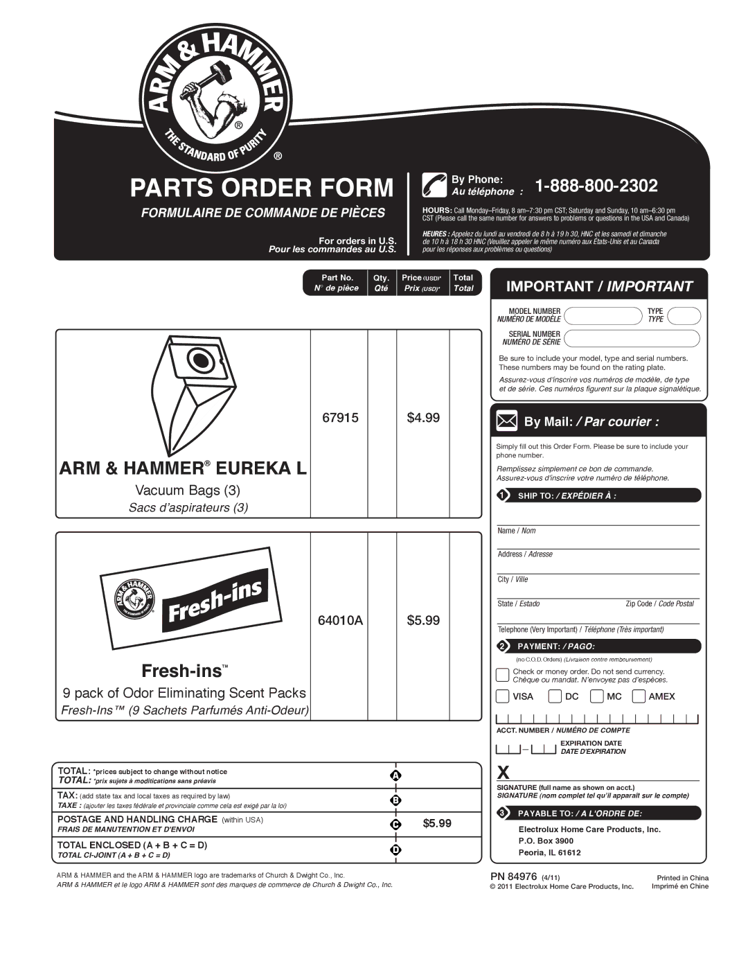 Eureka 930 manual Parts Order Form 