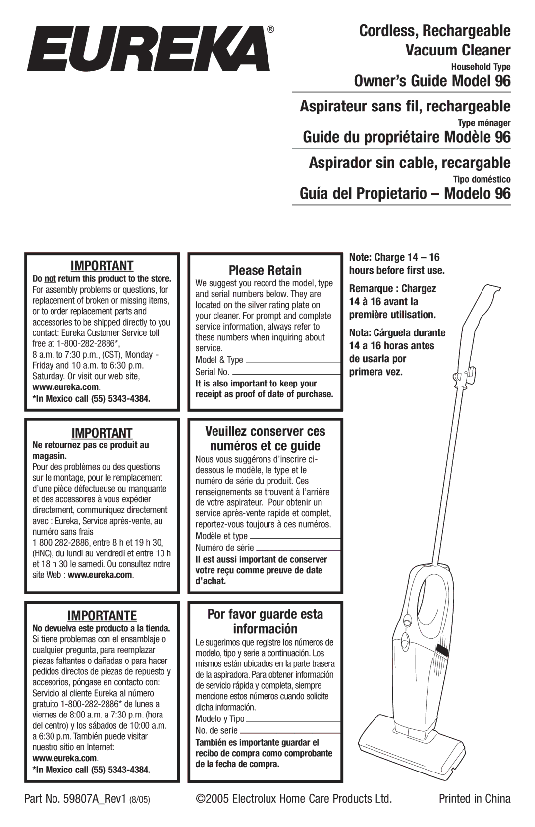 Eureka 96 manual Vacuum Cleaner, Please Retain, Por favor guarde esta Información 