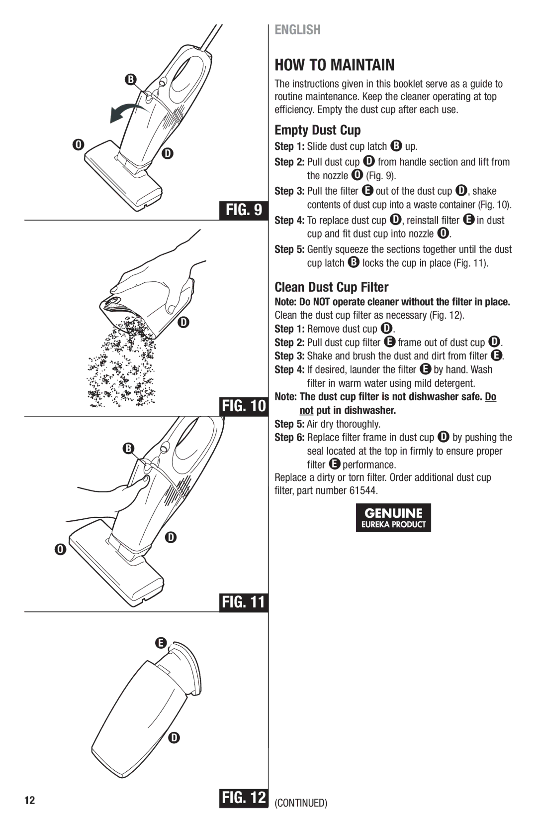 Eureka 96 manual Clean Dust Cup Filter, Cup and fit dust cup into nozzle O, Air dry thoroughly 