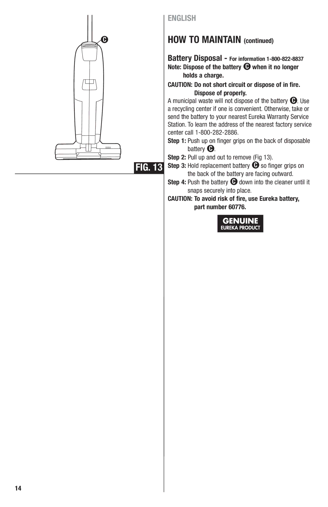 Eureka 96 manual HOW to Maintain, Holds a charge, Dispose of properly, Part number 