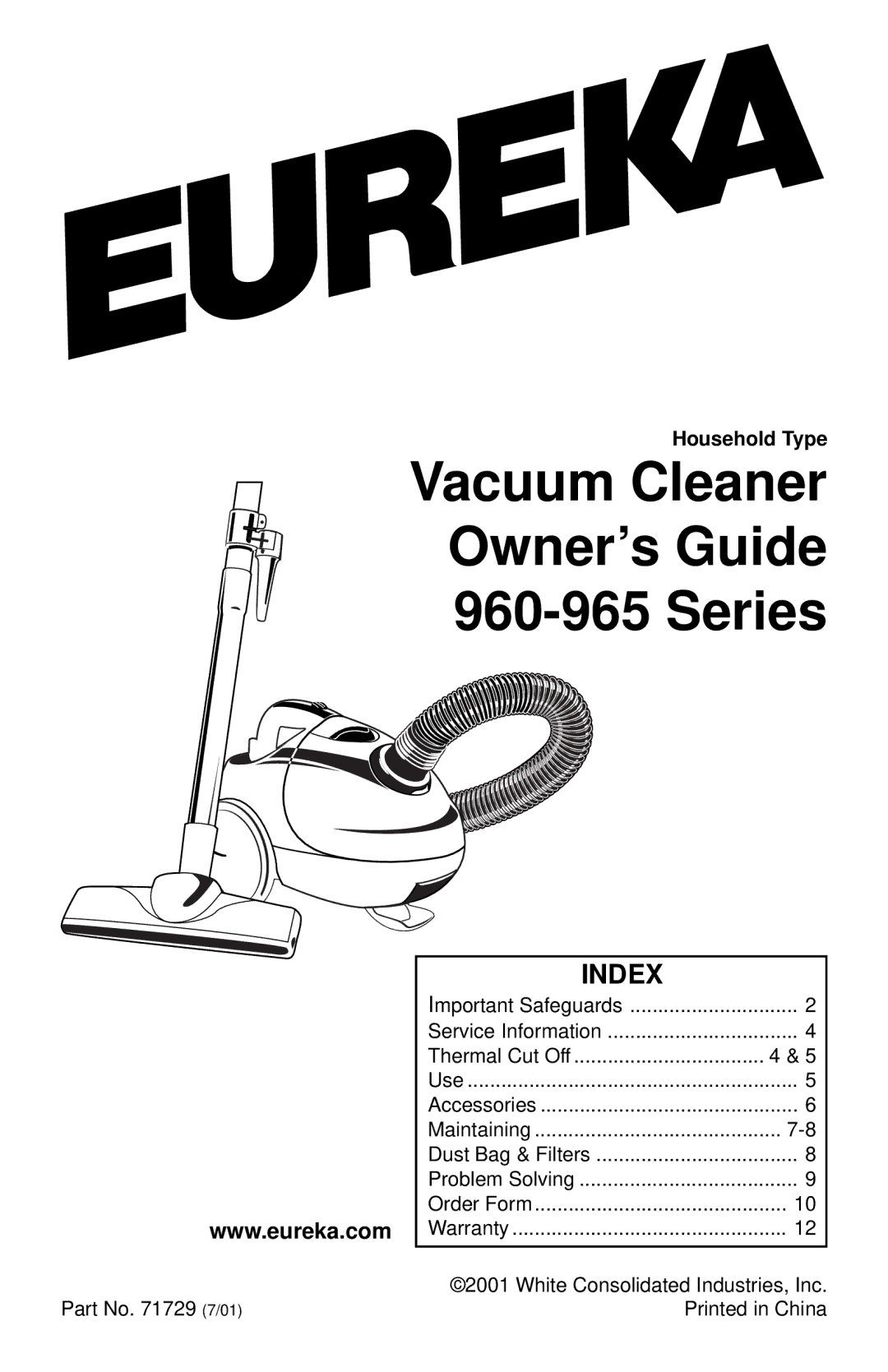 Eureka 960, 965 warranty Vacuum Cleaner Owner’s Guide Series, Index 