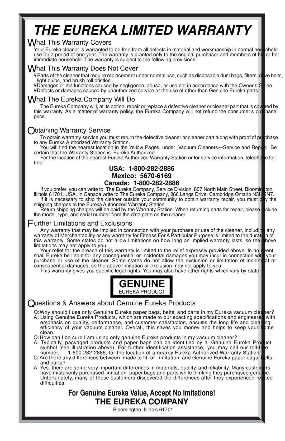 Eureka 965, 960 warranty Eureka Limited Warranty 