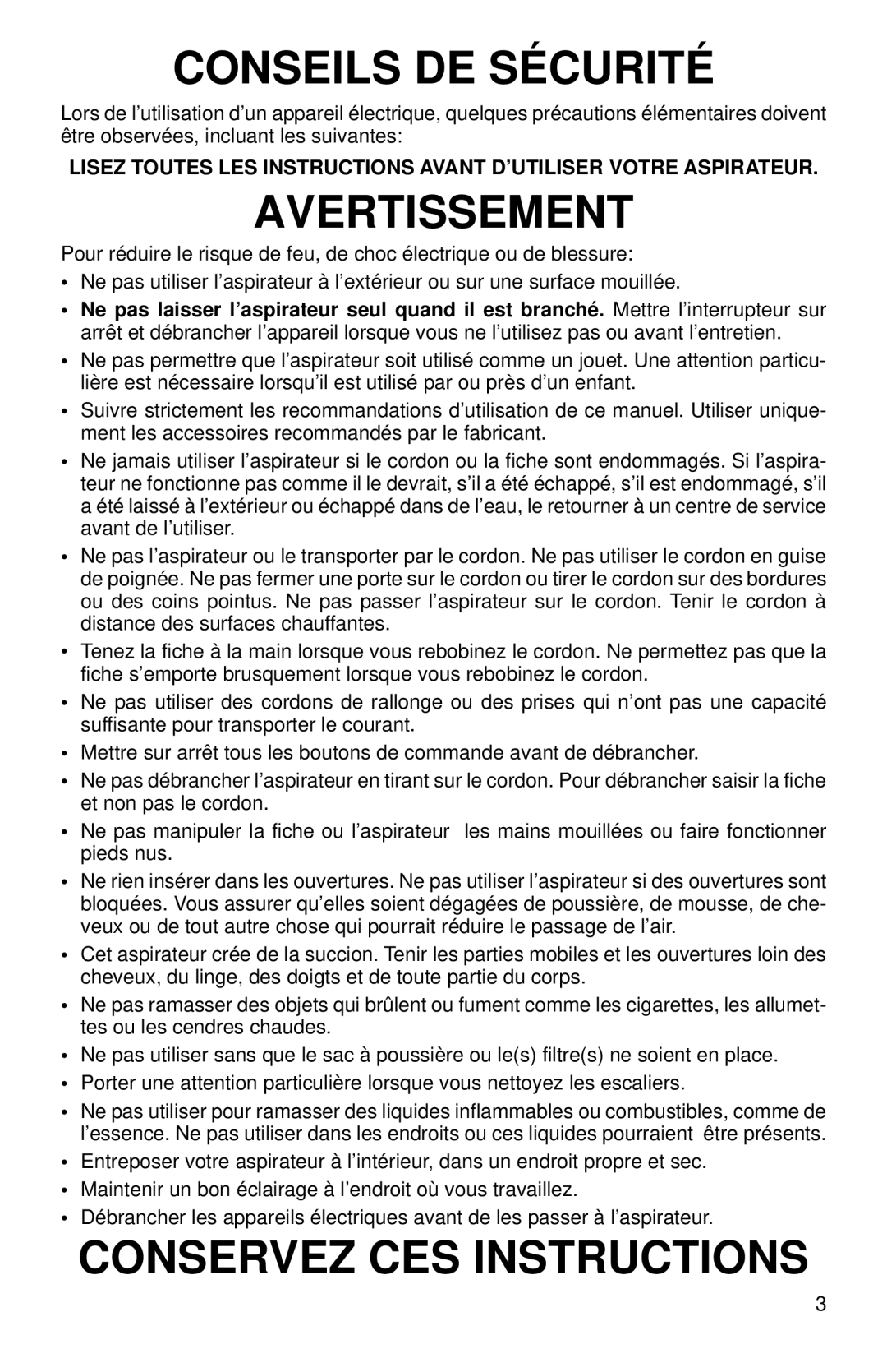 Eureka 960, 965 warranty Conseils DE Sécurité 