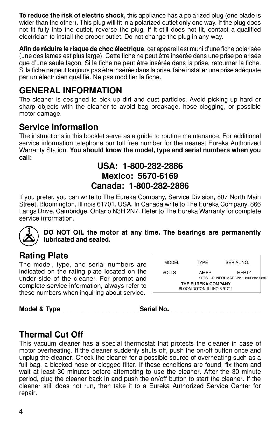 Eureka 965, 960 warranty General Information, Service Information, USA Mexico Canada, Rating Plate, Thermal Cut Off 